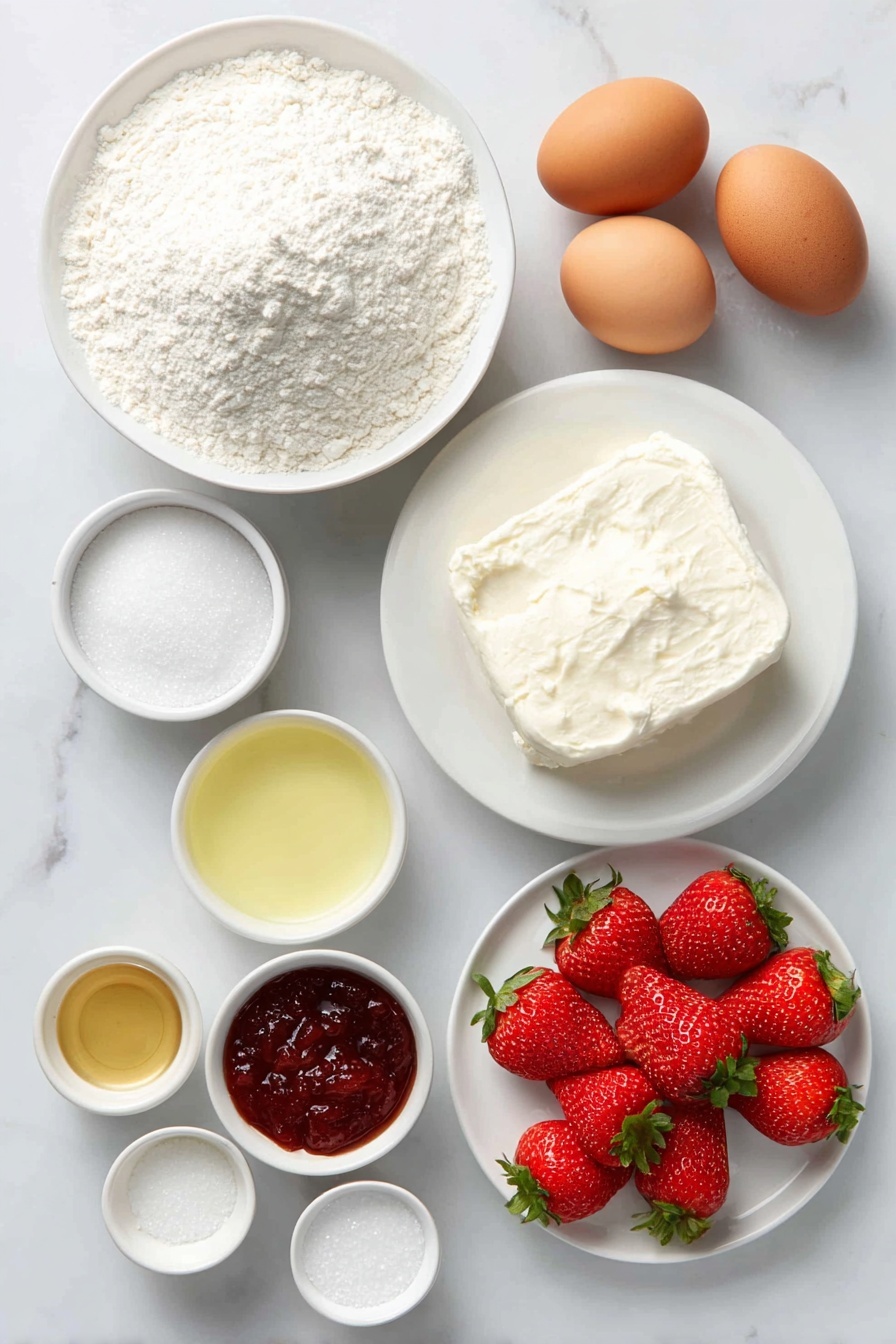 Flat lay of a small mound of finely sifted all-purpose flour, a white ceramic bowl with bright white baking powder powder, a pinch of crystalline salt beside it, four large brown eggs with clean shells, a small white ceramic bowl holding glossy granulated sugar crystals, a small bowl filled with clear pale yellow vegetable oil, a small white bowl of creamy buttermilk, a small bowl containing pale amber apple cider vinegar, a small white bowl of smooth light vanilla extract, a block of fresh cream cheese on a simple white plate, a fluffy mound of thawed Cool Whip in a white bowl, a small white bowl of fine powdered sugar, a small bowl of vibrant ruby red strawberry jam, a scattering of fresh bright red strawberries with green leafy tops placed on a simple white plate, all arranged symmetrically and balanced in realistic proportions placed on a clean white marble surface, soft natural light, photo taken with an iPhone, professional food photography style, fresh ingredients, white ceramic bowls, no bottles, no duplicates, no utensils, no packaging --ar 2:3 --v 7 --p m7354615311229779997 - Strawberries and Cream Swiss Roll, strawberry Swiss roll dessert, fluffy sponge cake with strawberries, easy Swiss roll recipe, creamy strawberry roll