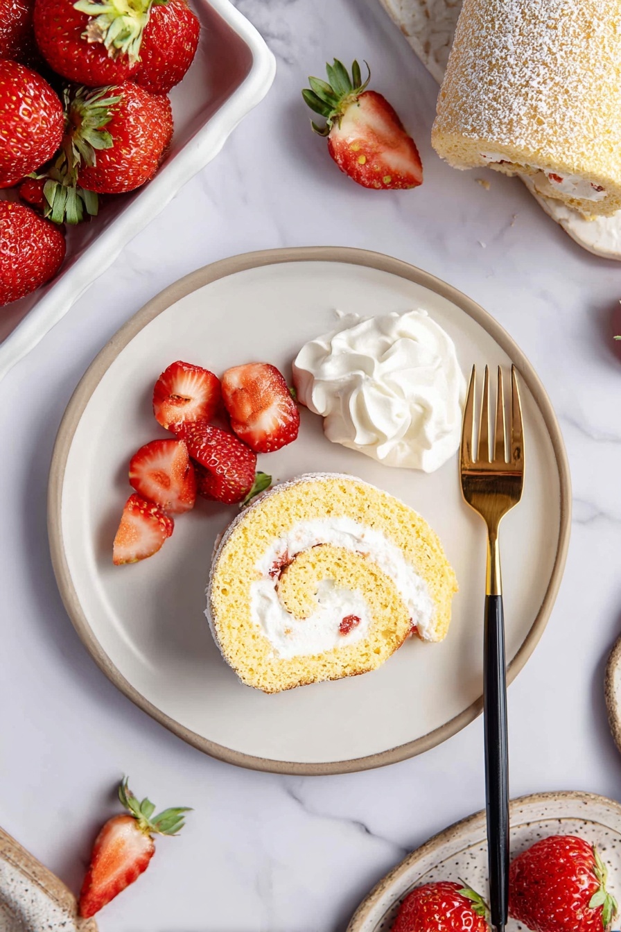 The image shows a white plate on a white marbled surface with a slice of light yellow rolled cake filled with white cream, placed near the bottom right side of the plate. On the top left of the plate, there is a small pile of whole and halved bright red strawberries with green leaves. Next to the strawberries on the left side of the plate, there is a dollop of white whipped cream. A gold fork with a black handle rests beside the cake slice on the left edge of the plate. More red strawberries are scattered on the white marbled surface around the plate, and a white rectangular dish filled with strawberries appears in the top left corner. Part of the rolled cake log is visible in the upper right corner of the image. A woman's hand holding the plate is not visible in this image. The whole scene is bright and fresh, with a clean and simple presentation. Photo taken with an iphone --ar 2:3 --v 7 - Strawberries and Cream Swiss Roll, strawberry Swiss roll dessert, fluffy sponge cake with strawberries, easy Swiss roll recipe, creamy strawberry roll