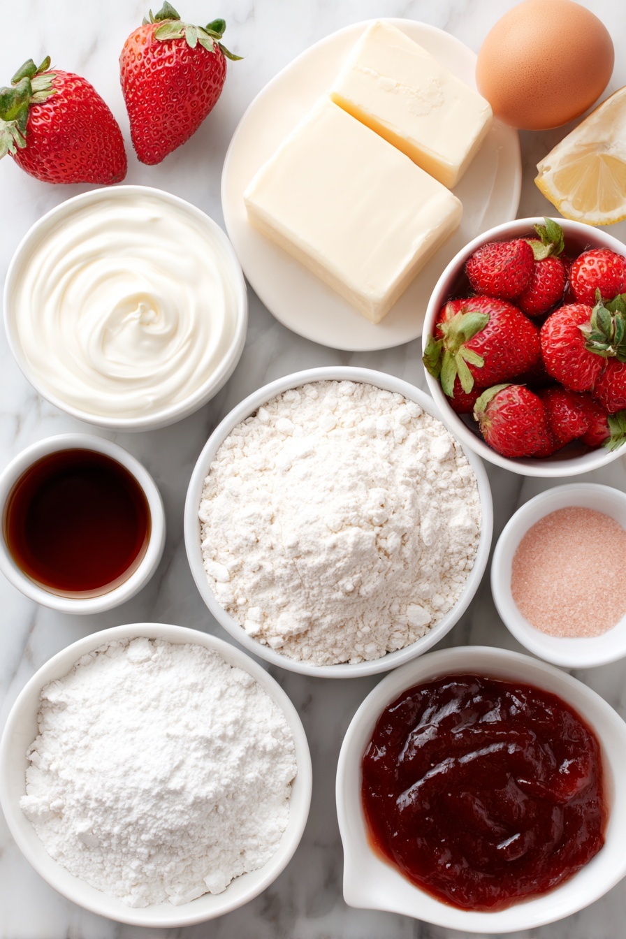 Flat lay of a small white ceramic bowl of warm creamy milk, a few scattered grains of instant dry yeast, a neat mound of all-purpose flour, a small pile of granulated sugar, a single large brown egg with a clean shell, a few pats of very soft unsalted butter on a white plate, a small white bowl filled with bright red fresh strawberries, a slice of half a lemon, a small white bowl holding smooth cream cheese, a small pat of softened unsalted butter on a white dish, a small white bowl of fine powdered sugar, a tiny white bowl with clear vanilla extract, and a small white bowl with glossy pink strawberry puree all arranged symmetrically and naturally placed on a clean white marble surface, soft natural light, photo taken with an iPhone, professional food photography style, fresh ingredients, white ceramic bowls, no bottles, no duplicates, no utensils, no packaging --ar 2:3 --v 7 --p m7354615311229779997 - Strawberry Cinnamon Rolls with Cream Cheese Glaze, fruity cinnamon roll recipe, strawberry dessert, homemade cinnamon rolls, easy berry cinnamon rolls
