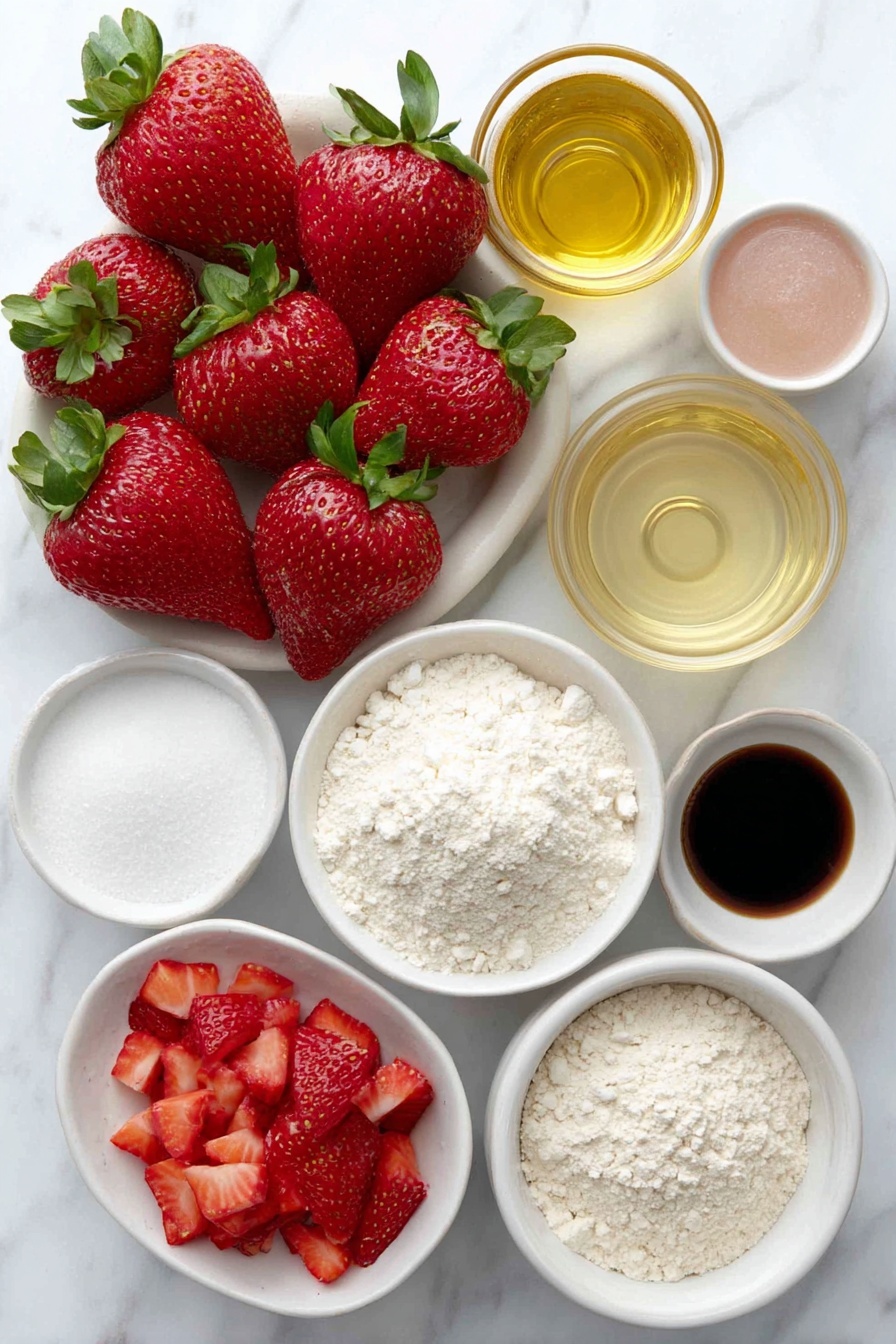 Flat lay of ripe whole strawberries with green leaves, a small white ceramic bowl of granulated sugar, a small white ceramic bowl of neutral flavored oil, a small white ceramic bowl of dairy-free milk, a small white ceramic bowl of apple cider vinegar, a small white ceramic bowl of vanilla extract, a small white ceramic bowl of pink food coloring, a small white ceramic bowl of all-purpose plain flour, a small white ceramic bowl of baking powder, a small white ceramic bowl of baking soda, a small white ceramic bowl with a pinch of salt, a small white ceramic bowl of chopped fresh strawberries placed on a clean white marble surface, soft natural light, photo taken with an iPhone, professional food photography style, fresh ingredients, white ceramic bowls, no bottles, no duplicates, no utensils, no packaging --ar 2:3 --v 7 --p m7354615311229779997 - Vegan Double Strawberry Muffins, healthy vegan strawberry muffins, plant-based strawberry muffin recipe, easy vegan breakfast muffins, double strawberry dessert muffins