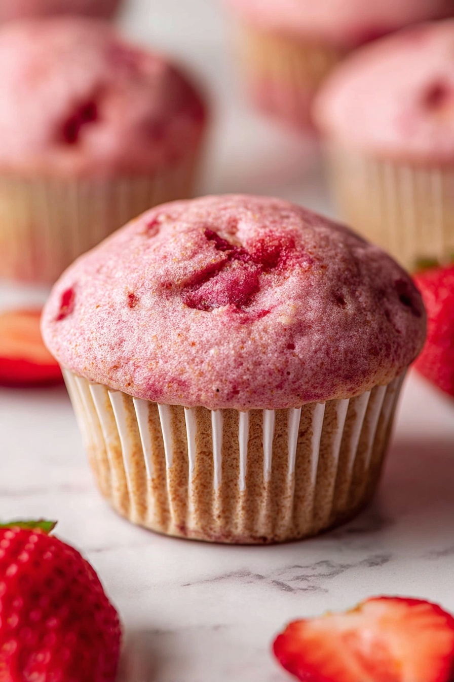 A close-up of a single pink strawberry muffin with a soft, slightly textured top, showing embedded pieces of red strawberry throughout. The muffin sits in a white paper liner that has gentle ridges around the sides, revealing a light brown base cake layer below the pink top. Around the muffin are some sliced fresh strawberries scattered on a white marbled surface. Other similar pink strawberry muffins are blurred in the background, creating depth. Photo taken with an iphone --ar 2:3 --v 7 - Vegan Double Strawberry Muffins, healthy vegan strawberry muffins, plant-based strawberry muffin recipe, easy vegan breakfast muffins, double strawberry dessert muffins