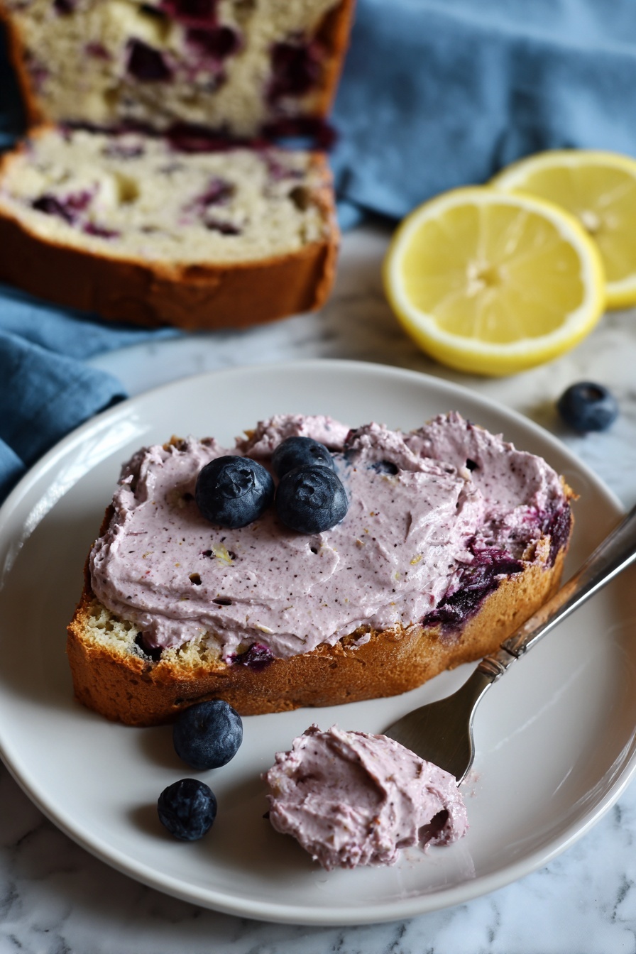 A single thick slice of light brown bread with visible blueberries baked inside lies flat on a white plate. A thick, creamy layer of pale purple spread with small dark berry bits covers the top of the bread slice. Three whole blueberries are placed on the plate around the bread. Above the plate, part of a loaf torn open, showing the same bread with embedded blueberries, rests on a blue cloth. Two thin yellow lemon slices sit in the background on a white marbled surface. A silver fork holds a bit of the purple spread near the bottom edge of the plate. Photo taken with an iphone --ar 2:3 --v 7 - Blueberry Lemon Sourdough Bread, Lemon Sourdough Bread, Blueberry Sourdough Loaf, Fruit-Infused Sourdough Bread, How to Make Blueberry Lemon Bread