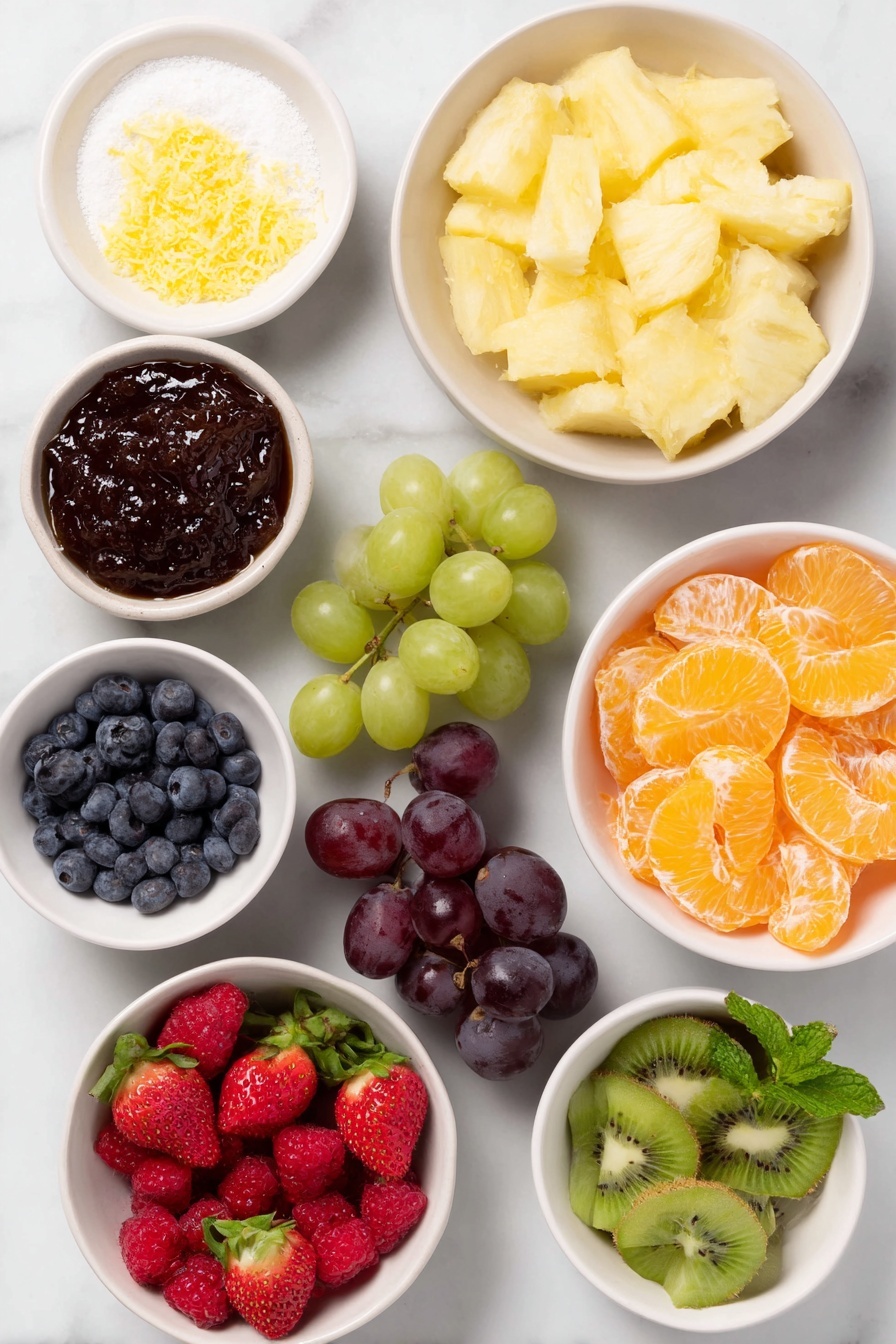 Flat lay of a small white ceramic bowl of glossy apricot preserves, a small white ceramic bowl of granulated sugar, a small white ceramic bowl with bright yellow lemon zest, a small white ceramic bowl of fresh lemon juice, a pile of freshly chopped golden pineapple chunks, a group of halved deep purple grapes, a group of halved vibrant green grapes, quartered ripe red strawberries with green tops removed, peeled and quartered bright green kiwi pieces, chunks of ripe orange mango flesh, a mound of plump blue blueberries, a handful of bright red raspberries, neatly drained mandarin orange segments arranged in a small white ceramic bowl, and a few sprigs of fresh green mint leaves, placed on a clean white marble surface, soft natural light, photo taken with an iPhone, professional food photography style, fresh ingredients, white ceramic bowls, no bottles, no duplicates, no utensils, no packaging --ar 2:3 --v 7 --p m7354615311229779997 - Vibrant Fruit Salad with Lemon-Honey Glaze, colorful fruit salad, fresh fruit salad recipe, healthy fruit salad ideas, summer fruit salad