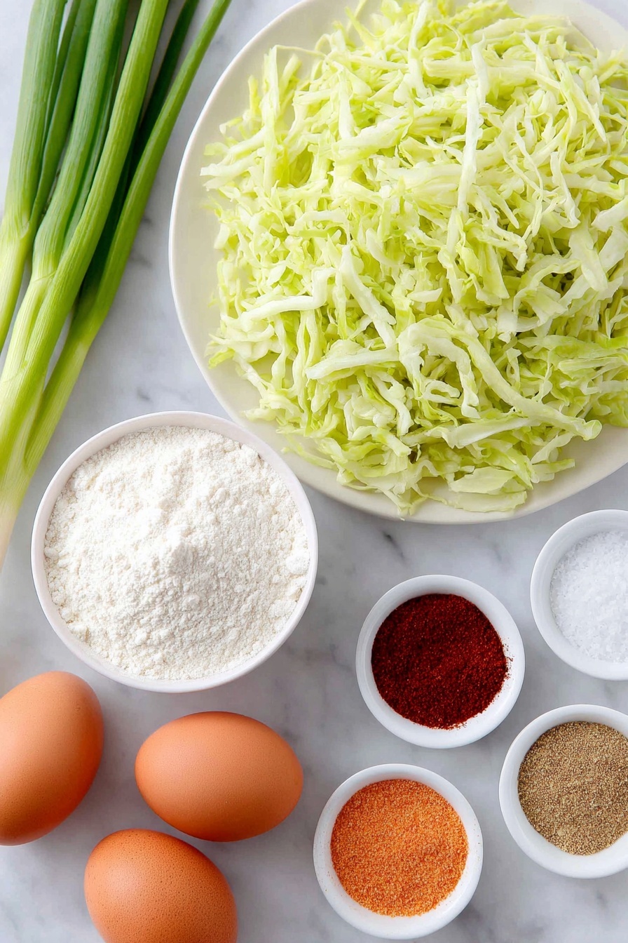 Flat lay of fresh shredded green cabbage piled loosely, two bright orange grated carrots arranged beside, three whole brown eggs with clean shells, two fresh scallions with vibrant green tops and white bulbs, two cloves of peeled garlic, a small white ceramic bowl filled with plain white flour, a separate small white bowl holding coarse sea salt crystals, another small white bowl containing ground black pepper, a third small white bowl with deep red paprika powder, and a fourth small white bowl with light brown ground coriander, all ingredients placed symmetrically on a simple white ceramic plate and bowls, placed on a clean white marble surface, soft natural light, photo taken with an iPhone, professional food photography style, fresh ingredients, white ceramic bowls, no bottles, no duplicates, no utensils, no packaging --ar 2:3 --v 7 --p m7354615311229779997 - Cabbage Fritters, Cabbage Fritters Recipe, Easy Cabbage Fritters, Healthy Vegetable Fritters, Crispy Cabbage Fritters