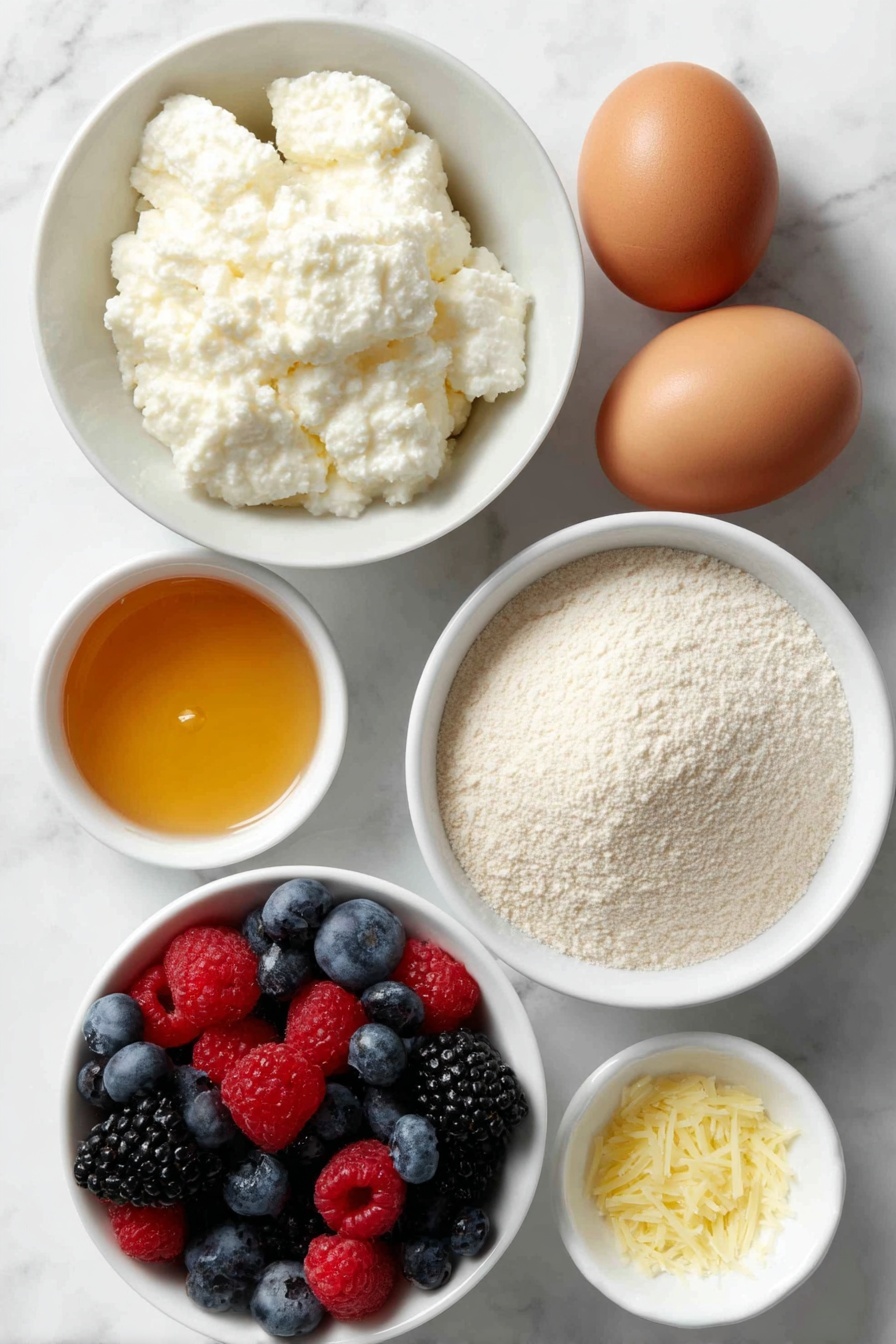 Flat lay of a small mound of full-fat cottage cheese with a creamy texture, three large whole brown eggs with clean shells, a neat pile of light tan almond flour, a small white ceramic bowl filled with golden honey, a small white bowl with clear vanilla extract, a small heap of bright yellow lemon zest strands, a tiny white bowl holding fine white baking powder, and a simple white ceramic bowl brimming with fresh mixed berries including blueberries, raspberries, and blackberries, all arranged in perfect symmetry on a clean white marble surface, soft natural light, photo taken with an iPhone, professional food photography style, fresh ingredients, white ceramic bowls, no bottles, no duplicates, no utensils, no packaging --ar 2:3 --v 7 --p m7354615311229779997 - High Protein Berry Bake, healthy berry bake, high protein breakfast recipes, nutritious berry dessert, protein-rich baked treat