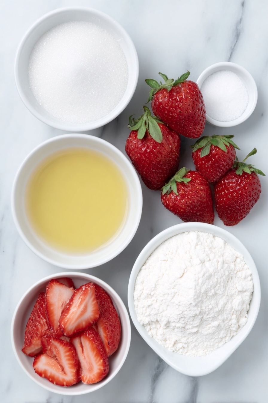Flat lay of fresh ripe strawberries whole and sliced, a small white ceramic bowl of granulated sugar, a small white ceramic bowl with bright yellow lemon juice, a small white ceramic bowl of white quick-cooking tapioca pearls, a tiny pinch of salt in a small white ceramic dish, all ingredients arranged symmetrically with perfect balance, placed on a clean white marble surface, soft natural light, photo taken with an iPhone, professional food photography style, fresh ingredients, white ceramic bowls, no bottles, no duplicates, no utensils, no packaging --ar 2:3 --v 7 --p m7354615311229779997 - Homemade Strawberry Pie Filling, strawberry pie filling, fresh strawberry filling, fruit pie filling, easy strawberry dessert