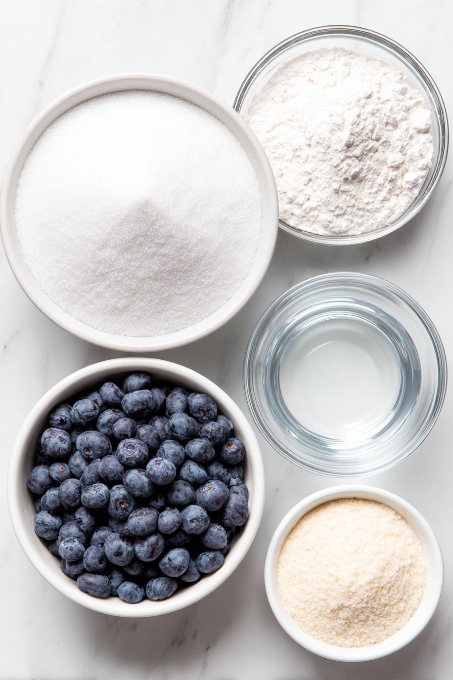 Flat lay of a small mound of fine white sugar, a heap of plump fresh blueberries, a small white ceramic bowl with smooth water, a few tablespoons of pale off-white corn starch in a white bowl, and a small white ceramic bowl filled with clear cold water placed in perfect symmetry, all ingredients fresh and natural, arranged on a clean white marble surface, soft natural light, photo taken with an iPhone, professional food photography style, fresh ingredients, white ceramic bowls, no bottles, no duplicates, no utensils, no packaging --ar 2:3 --v 7 --p m7354615311229779997 - Blueberry Syrup for Pancakes and Ice Cream, blueberry syrup recipe, homemade blueberry syrup, easy blueberry syrup, fruit topping for desserts