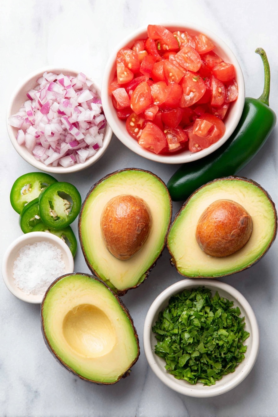 Flat lay of three ripe avocados halved showing creamy green flesh and pits, a small white ceramic bowl filled with finely chopped bright purple-red onion, a single fresh green jalapeno pepper sliced open to reveal seeds, two Roma tomatoes quartered and seeded with vibrant red diced flesh in a small white ceramic bowl, a small white bowl containing finely chopped fresh green cilantro leaves, a small white ceramic bowl with coarse white salt crystals, a small white bowl with freshly squeezed pale yellow lime juice, all arranged with perfect symmetry on a clean white marble surface, soft natural light, photo taken with an iPhone, professional food photography style, fresh ingredients, white ceramic bowls, no bottles, no duplicates, no utensils, no packaging --ar 2:3 --v 7 --p m7354615311229779997 - Easy Fresh Guacamole, Guacamole Rezept, quick guacamole recipe, homemade guacamole, authentic guacamole dip
