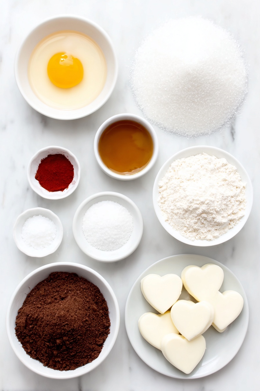 Flat lay of a small puddle of melted unsalted butter in a simple white ceramic bowl, a heap of granulated sugar on a white plate next to a separate small white bowl holding a single large whole egg yolk, a small white bowl with golden vanilla extract, a small white bowl with vibrant red gel food coloring, a neat pile of all-purpose flour on a white plate, a small white bowl filled with deep brown unsweetened cocoa powder, a tiny mound of fine white baking soda on a white plate, a pinch of fine salt on a separate small white dish, and six smooth white chocolate peanut butter hearts arranged neatly on a white plate, all placed on a clean white marble surface, soft natural light, photo taken with an iPhone, professional food photography style, fresh ingredients, white ceramic bowls, no bottles, no duplicates, no utensils, no packaging --ar 2:3 --v 7 --p m7354615311229779997 - Red Velvet Cookies with White Chocolate Hearts, red velvet cookies, white chocolate cookies, festive cookie recipes, Valentine's Day cookies