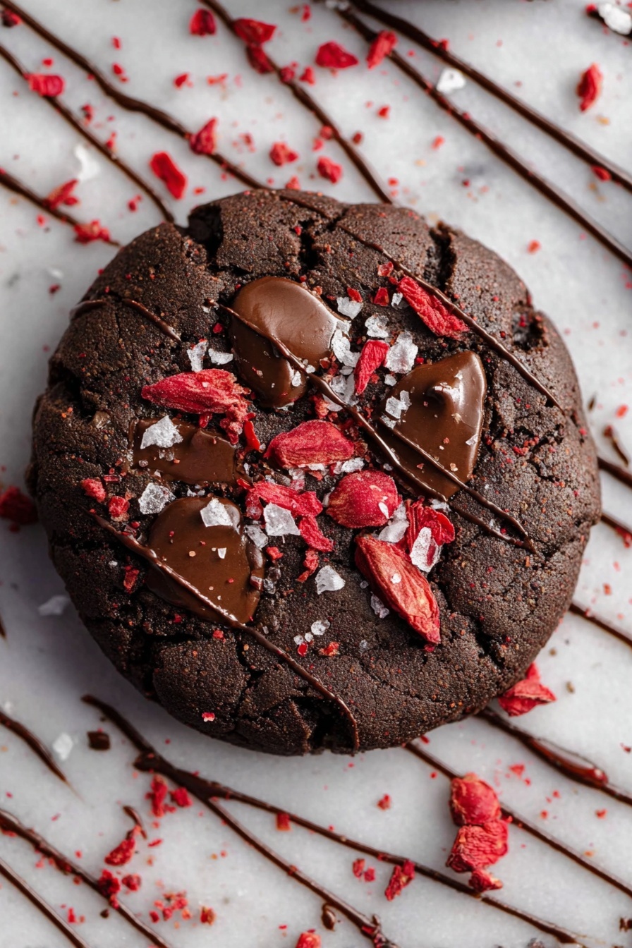 A close-up of a round dark brown chocolate cookie with a textured surface, studded with large shiny chocolate chunks and sprinkled with bright red fruit pieces. The cookie has thin streaks of drizzled dark chocolate over it and around it on a white marbled surface. Small white salt flakes are sprinkled on top, adding contrast to the dark cookie. The background and surface have scattered red crumbs and dark chocolate lines, creating a messy but appetizing look. photo taken with an iphone --ar 2:3 --v 7 - Chocolate Covered Strawberry Cookies, strawberry cookies with chocolate, chocolate strawberry cookie recipe, easy strawberry cookies, best chocolate cookies with strawberries