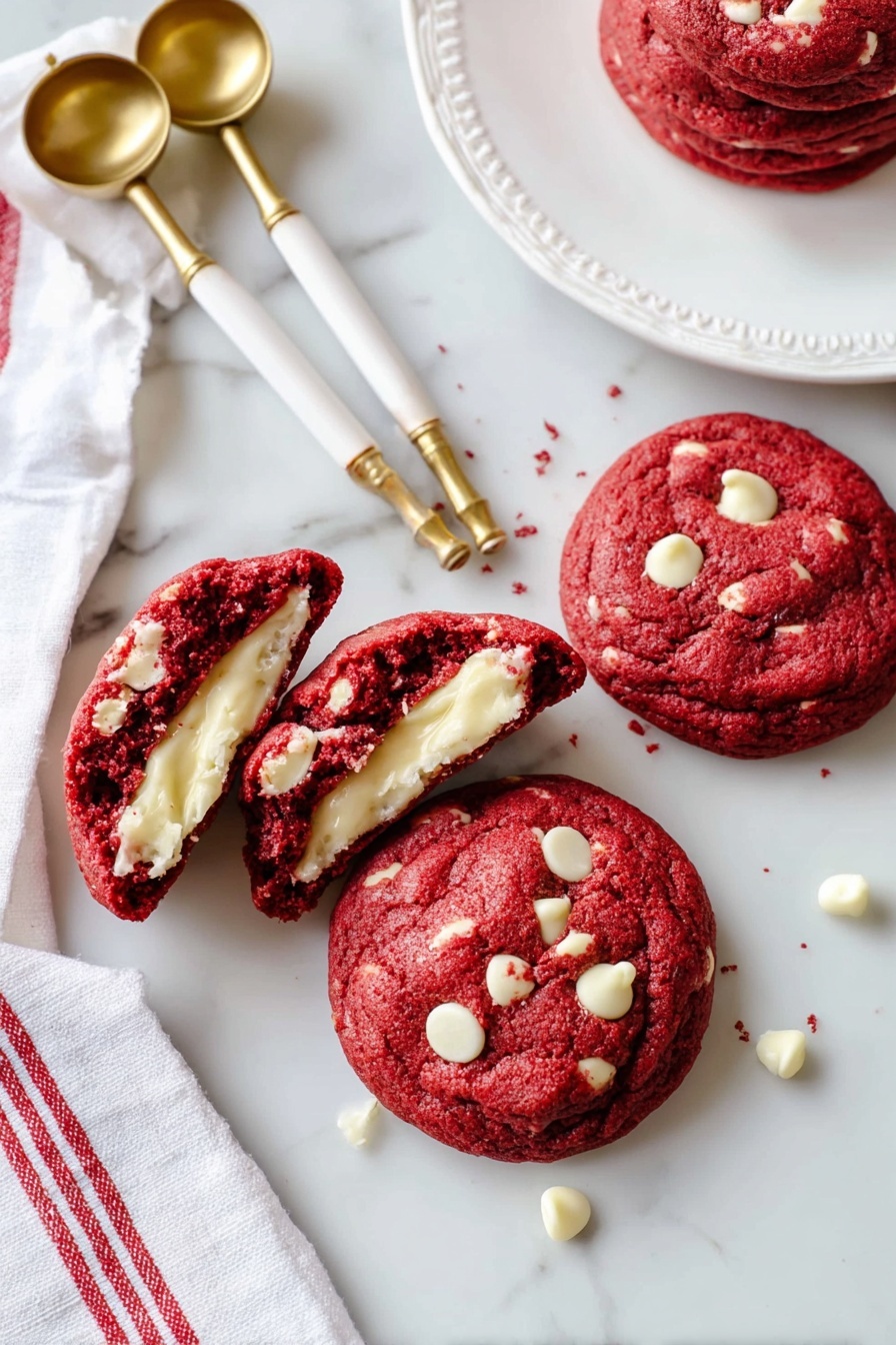 Three round red velvet cookies with white chocolate chips placed on a white marbled surface. Each cookie is thick with a soft texture, showing white chips scattered unevenly on the top layer. The cookies are arranged loosely with some space between them. Around the cookies are white ribbons with red stripes tied in simple bows, adding a festive touch. On the top left corner, part of a white plate with a textured edge is visible, and in the top right corner, some gold and white measuring spoons rest on the surface. photo taken with an iphone --ar 2:3 --v 7 - Cheesecake Stuffed Red Velvet Cookies, red velvet cheesecake cookies, stuffed red velvet cookies, cheesecake-filled red velvet cookies, easy red velvet cookie recipes