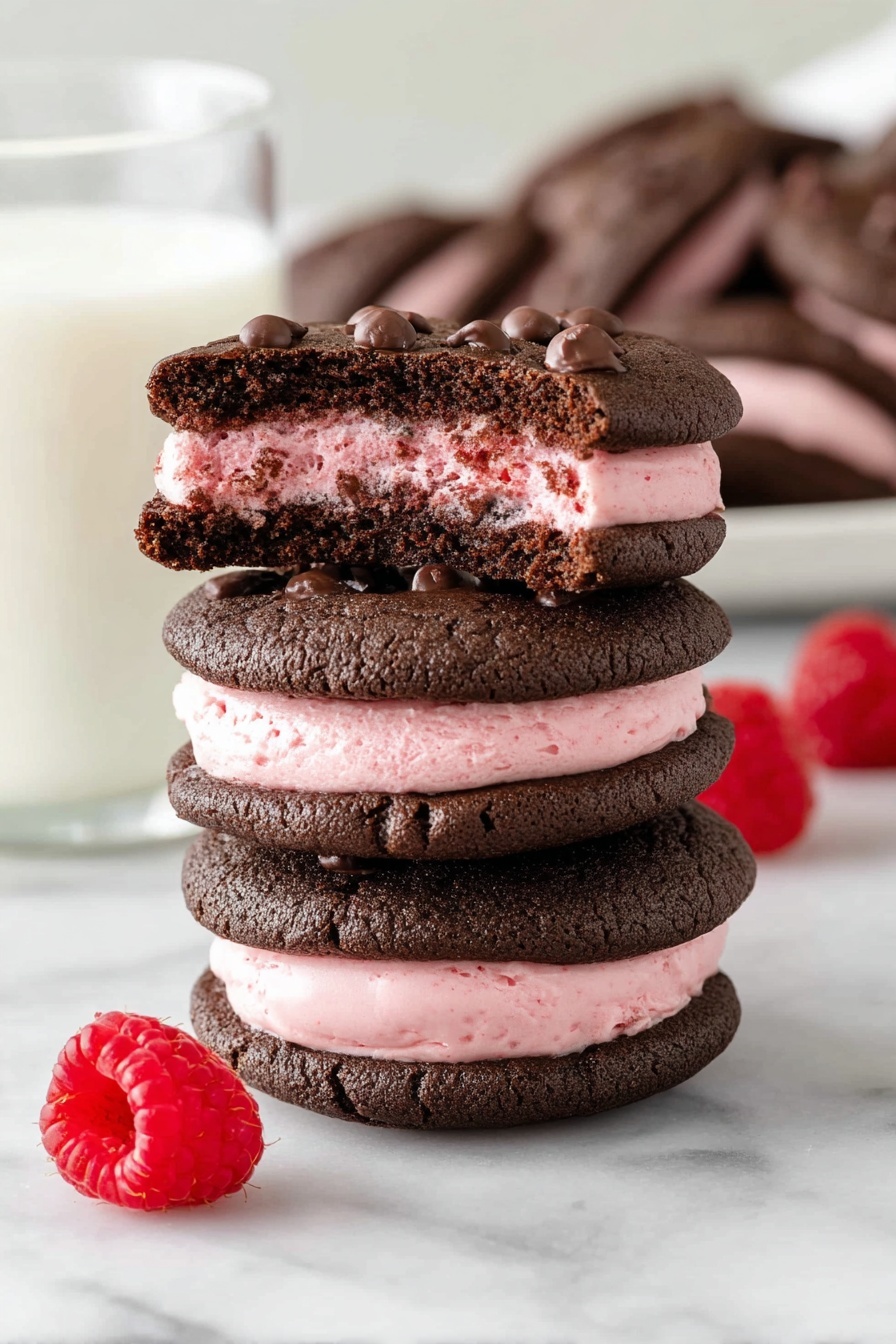 A stack of three chocolate sandwich cookies is shown on a white marbled surface. Each cookie has two dark brown, slightly textured chocolate layers with chocolate chips on the top. Between the layers is a thick, smooth pink cream filling that is evenly spread. The top cookie is bitten on one side, showing the soft pink filling and dark cookie inside. Two fresh red raspberries sit to the left near the cookie stack. In the background, a glass of milk and a white plate with more chocolate sandwich cookies are softly blurred. The lighting is bright and natural, emphasizing the rich colors and textures of the cookies. photo taken with an iphone --ar 2:3 --v 7 - Chocolate Raspberry Sandwich Cookies, chocolate raspberry cookies, raspberry sandwich cookies, easy chocolate cookies, homemade raspberry cookies