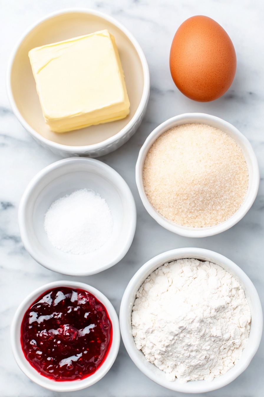 Flat lay of a small mound of soft yellow butter, a neat pile of lightly packed golden brown sugar, one whole uncracked brown egg with a smooth shell, a small white ceramic bowl filled with clear vanilla extract, a simple white ceramic bowl holding fine all-purpose flour, a tiny white ceramic bowl with fine white salt, a small white ceramic bowl containing vibrant red raspberry jam, all arranged symmetrically and balanced, placed on a clean white marble surface, soft natural light, photo taken with an iPhone, professional food photography style, fresh ingredients, white ceramic bowls, no bottles, no duplicates, no utensils, no packaging --ar 2:3 --v 7 --p m7354615311229779997 - Heart Thumbprint Cookies with Jam, thumbprint jam cookies, heart-shaped thumbprint cookies, easy thumbprint cookies recipe, festive jam cookies