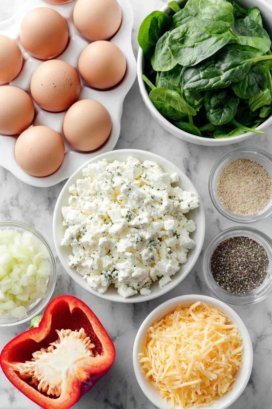 Flat lay of twelve whole uncracked brown eggs arranged in a neat cluster, a small white ceramic bowl filled with fresh full-fat cottage cheese, a large red bell pepper sliced to show diced pieces scattered beside it, a small white bowl of finely diced yellow onion, a pile of vibrant chopped spinach leaves, a small white bowl holding shredded pale yellow gruyere or gouda cheese, another small white bowl with bright orange shredded cheddar cheese, and tiny heaps of dried garlic powder, Italian seasoning, coarse kosher salt, and ground black pepper each placed separately on the white ceramic surface, all ingredients fresh and natural, perfectly spaced and symmetrical, placed on a clean white marble surface, soft natural light, photo taken with an iPhone, professional food photography style, fresh ingredients, white ceramic bowls, no bottles, no duplicates, no utensils, no packaging --ar 2:3 --v 7 --p m7354615311229779997 - High-Protein Cottage Cheese Egg Bake, healthy breakfast casserole, protein-packed baked eggs, easy egg bake recipe, nutritious breakfast idea