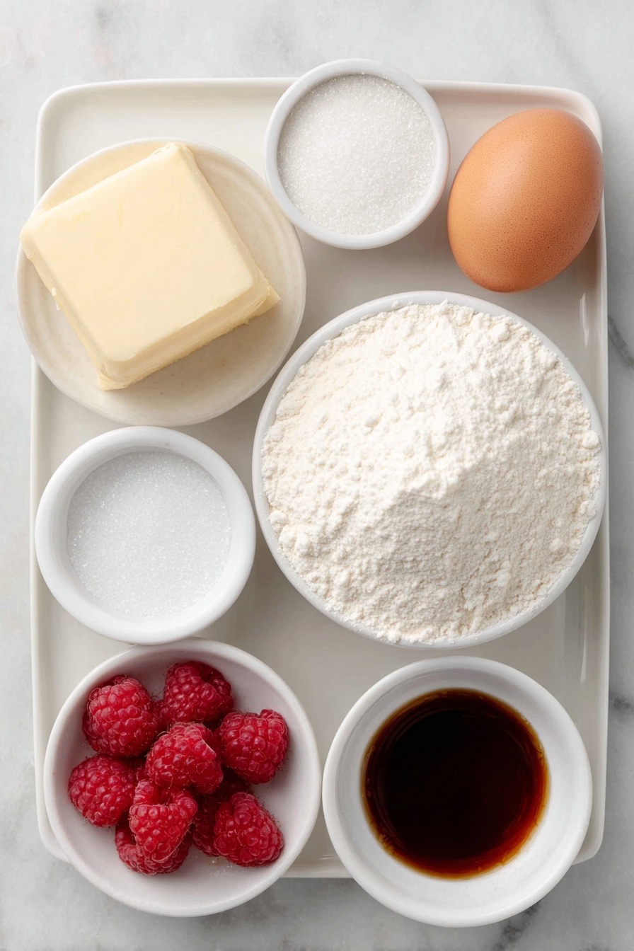 Flat lay of a small mound of all-purpose flour on a simple white ceramic plate, a small heap of fine granulated sugar in a white bowl, a single large whole egg with a clean shell, a few fresh bright red raspberries resting loosely on a white ceramic dish, a smooth square of unsalted butter softened and slightly glossy on a white plate, a small white bowl filled with a thick bright pink raspberry puree, a tiny white bowl containing clear golden vanilla extract, a pinch of baking soda and salt sprinkled neatly on a white ceramic plate, arranged symmetrically with perfect spacing, placed on a clean white marble surface, soft natural light, photo taken with an iPhone, professional food photography style, fresh ingredients, white ceramic bowls, no bottles, no duplicates, no utensils, no packaging --ar 2:3 --v 7 --p m7354615311229779997 - Raspberry Sugar Cookies, raspberry sugar cookies recipe, berry-flavored sugar cookies, easy raspberry cookies, fruity sugar cookie recipe