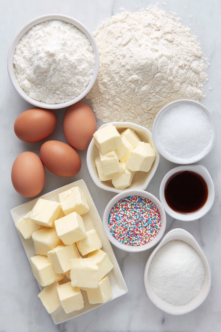 Flat lay of two small heaps of fresh all-purpose flour, a small white ceramic bowl with fine white powdered sugar, a small white ceramic bowl with granulated sugar crystals, several chunks of unsalted butter with a creamy yellow color, two whole brown eggs with smooth clean shells, a small white ceramic bowl holding clear vanilla extract, a small white ceramic bowl with vibrant red food coloring liquid, a small white ceramic bowl filled with colorful round holiday sprinkles, a small white ceramic bowl containing fine white baking powder, a few grains of salt scattered neatly, all ingredients arranged symmetrically and balanced on a clean white marble surface, soft natural light, photo taken with an iPhone, professional food photography style, fresh ingredients, white ceramic bowls, no bottles, no duplicates, no utensils, no packaging --ar 2:3 --v 7 --p m7354615311229779997 - Valentine's Day Swirl Cookies, Valentine's Day Cookies, Swirl Cookie Recipe, Festive Cookie Ideas, Heart-Shaped Cookies