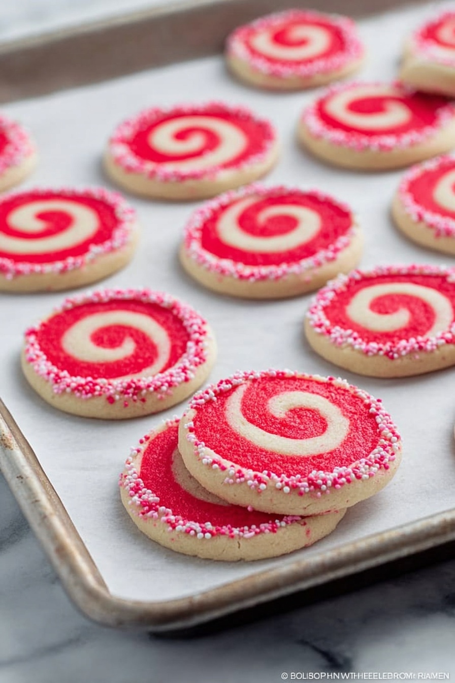 The image shows a baking tray lined with white parchment paper, covered with round, flat cookies featuring a swirl design. Each cookie has two layers: a light cream-colored base layer and a bright red spiral layer on top that starts from the center and winds outward. The edges of the cookies are slightly decorated with small pink and white sprinkles that add texture and color contrast. The tray is on a white marbled surface, enhancing the bright colors of the cookies. The photo is taken with an iphone --ar 2:3 --v 7 - Valentine's Day Swirl Cookies, Valentine's Day Cookies, Swirl Cookie Recipe, Festive Cookie Ideas, Heart-Shaped Cookies
