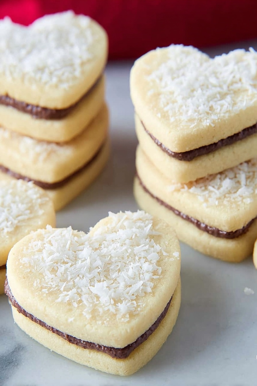 A stack of heart-shaped cookies is shown on a white marbled surface. Each cookie has two light yellow layers with a smooth texture, and between them is a thin layer of chocolate covered in white shredded coconut. Several more cookies are scattered in the background, and a red cloth is draped softly out of focus. The cookies look soft and slightly crumbly, with a simple but inviting appearance. Photo taken with an iphone --ar 2:3 --v 7 - Heart Sandwich Cookies with Dulce de Leche, almond cookies with caramel filling, Valentine's Day cookie ideas, cute sandwich cookies, sweet filled cookie recipe