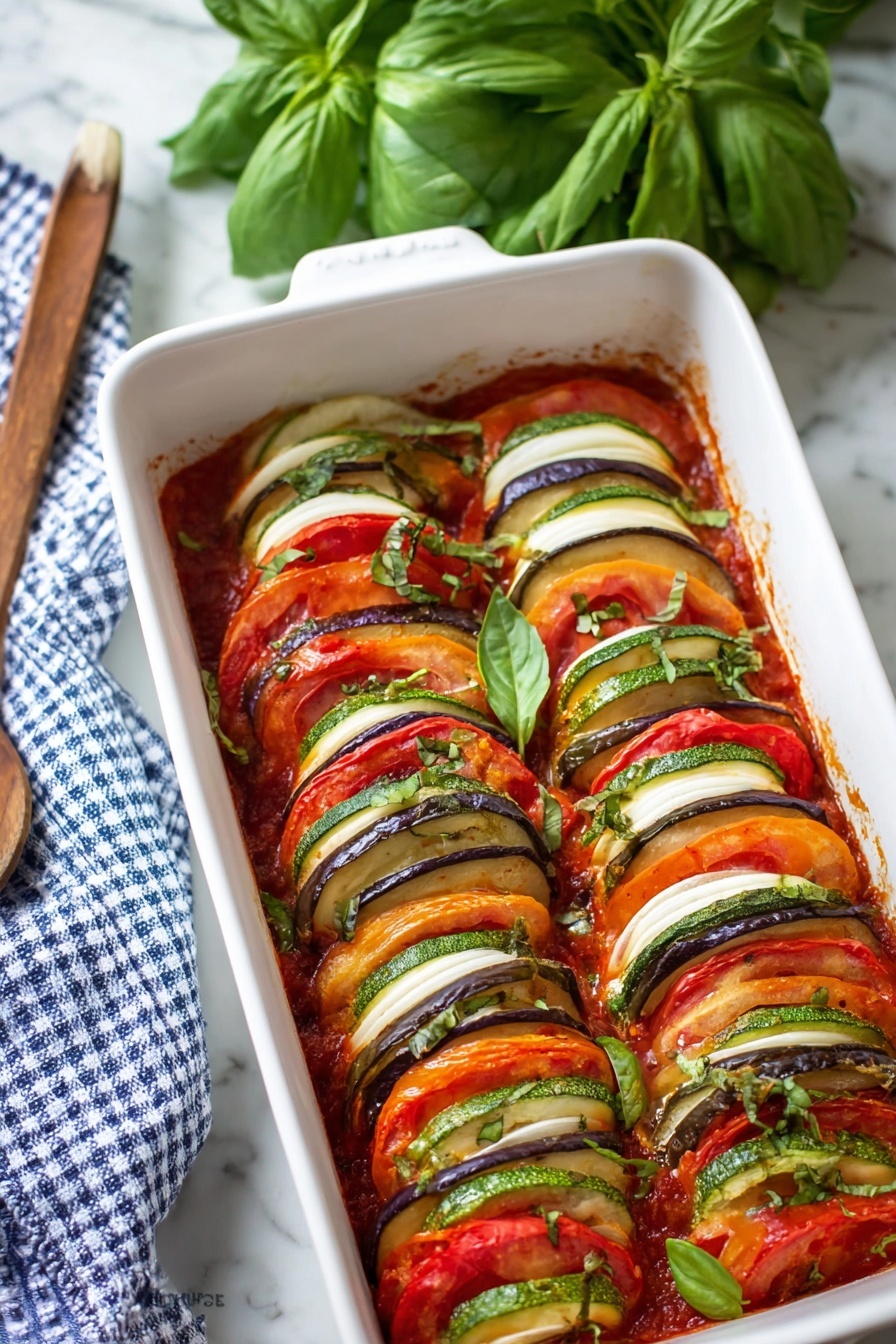 The dish is a white rectangular baking dish filled with thin slices of vegetables arranged in even rows. The vegetables are layered alternately in the order of deep purple eggplant, green zucchini, red tomato, and white onion, creating a colorful pattern. The vegetables sit in a rich, thick red sauce that fills the bottom of the dish and some sauce is also seen on the sides of the dish. Fresh green basil leaves are sprinkled on top and arranged as whole leaves on one side for decoration. The dish is placed on a white marbled surface. Photo taken with an iphone --ar 2:3 --v 7 - Baked Ratatouille with Fresh Vegetables, healthy vegetable baked dish, oven-roasted ratatouille, summer vegetable casserole, vibrant veggie bake