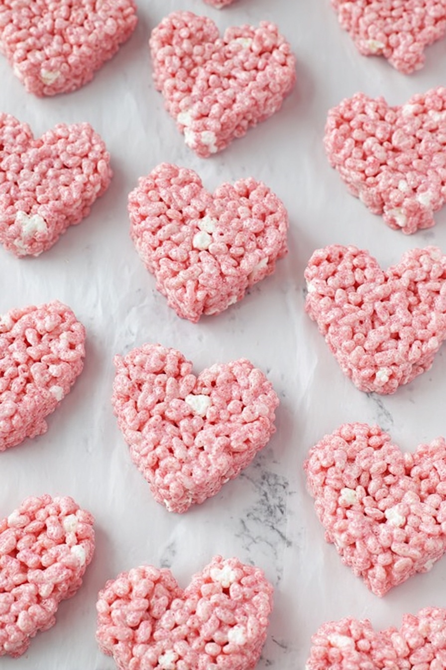 The image shows many heart-shaped treats made of pink rice cereal and white marshmallow, placed neatly on white parchment paper over a surface with a white marbled texture. Each heart has a bumpy texture from the rice cereal, with a mix of pink and some white patches where the marshmallow is more visible. The hearts are evenly spaced in rows, filling the frame fully, and the bright pink color stands out against the light background. Photo taken with an iphone --ar 2:3 --v 7 - Strawberry Rice Krispie Treat Hearts, Strawberry Rice Krispie Treats, Heart-Shaped Rice Krispies, Valentine’s Day Candy, Fruity Rice Krispie Snacks