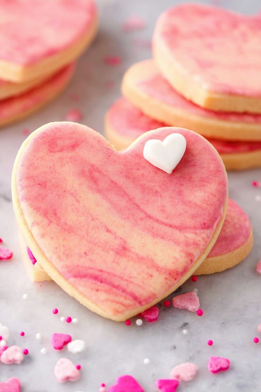 The image shows several heart-shaped cookies with a smooth, pale pink coating that has subtle darker pink speckles all over. The cookies are stacked and also scattered on a white marbled surface. The texture of the coating looks soft and matte with a slight sheen, giving the cookies a delicate appearance. Some round cookies with the same pink color are visible in the foreground, one of which has a small pink heart-shaped decoration on top. The background is bright and softly blurred, emphasizing the cookies in the front. photo taken with an iphone --ar 2:3 --v 7 - Pink White Chocolate Fudge, White Chocolate Fudge, Pink Fudge, Easy Fudge Recipe, No-Bake Fudge