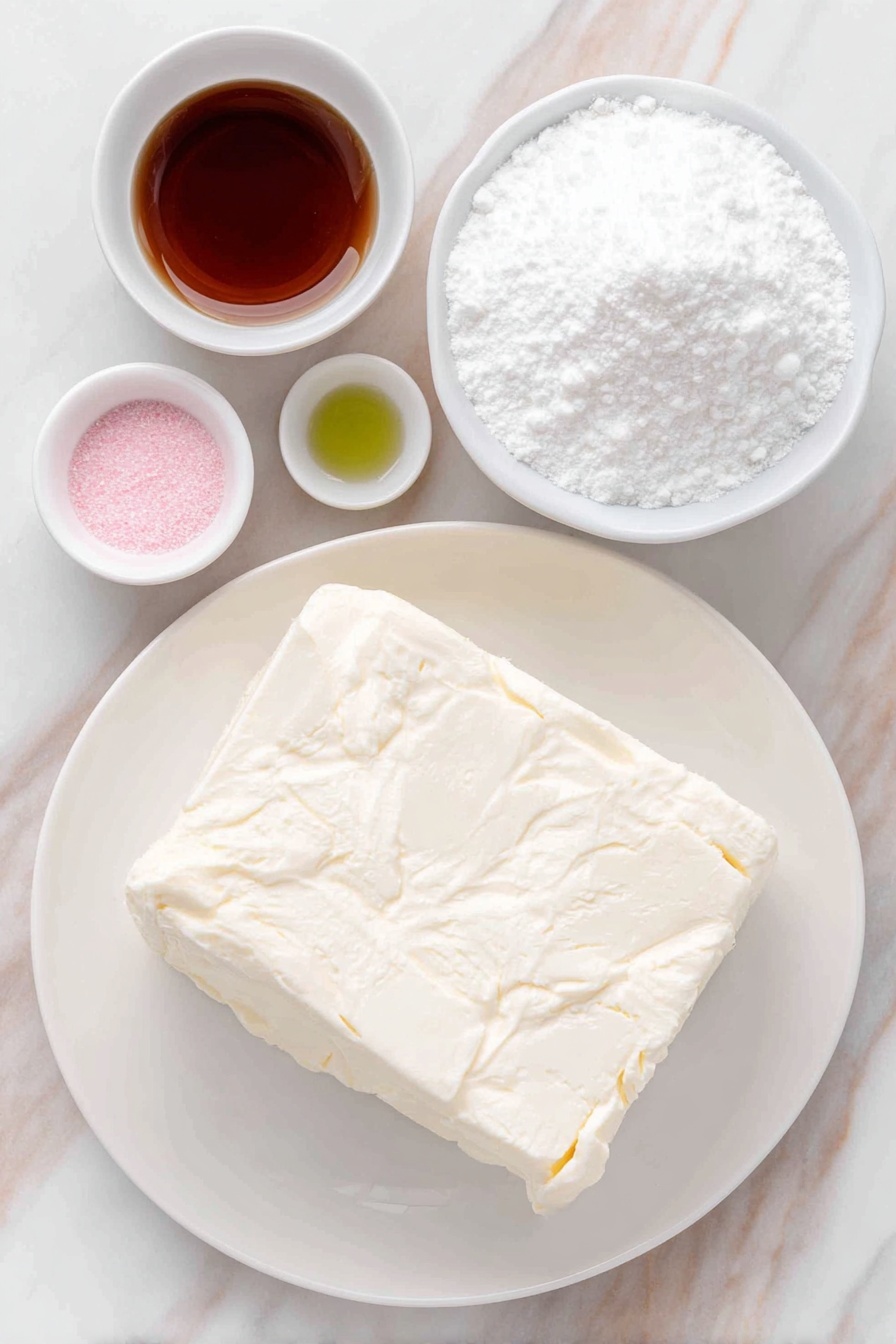 Flat lay of a small block of fresh cream cheese, a quarter cup of unsalted butter on a simple white ceramic plate, a small white bowl filled with fine confectioners’ sugar, a tiny white bowl holding clear peppermint extract, and a few drops of vibrant pastel pink, green, and yellow food coloring resting nearby, all arranged with perfect symmetry and balanced proportions on a clean white marble surface, soft natural light, photo taken with an iPhone, professional food photography style, fresh ingredients, white ceramic bowls, no bottles, no duplicates, no utensils, no packaging --ar 2:3 --v 7 --p m7354615311229779997 - Valentine's Cream Cheese Mints, Valentine's Candy Recipes, Easy Cream Cheese Mints, Homemade Valentine Treats, Heart-Shaped Mint Candies