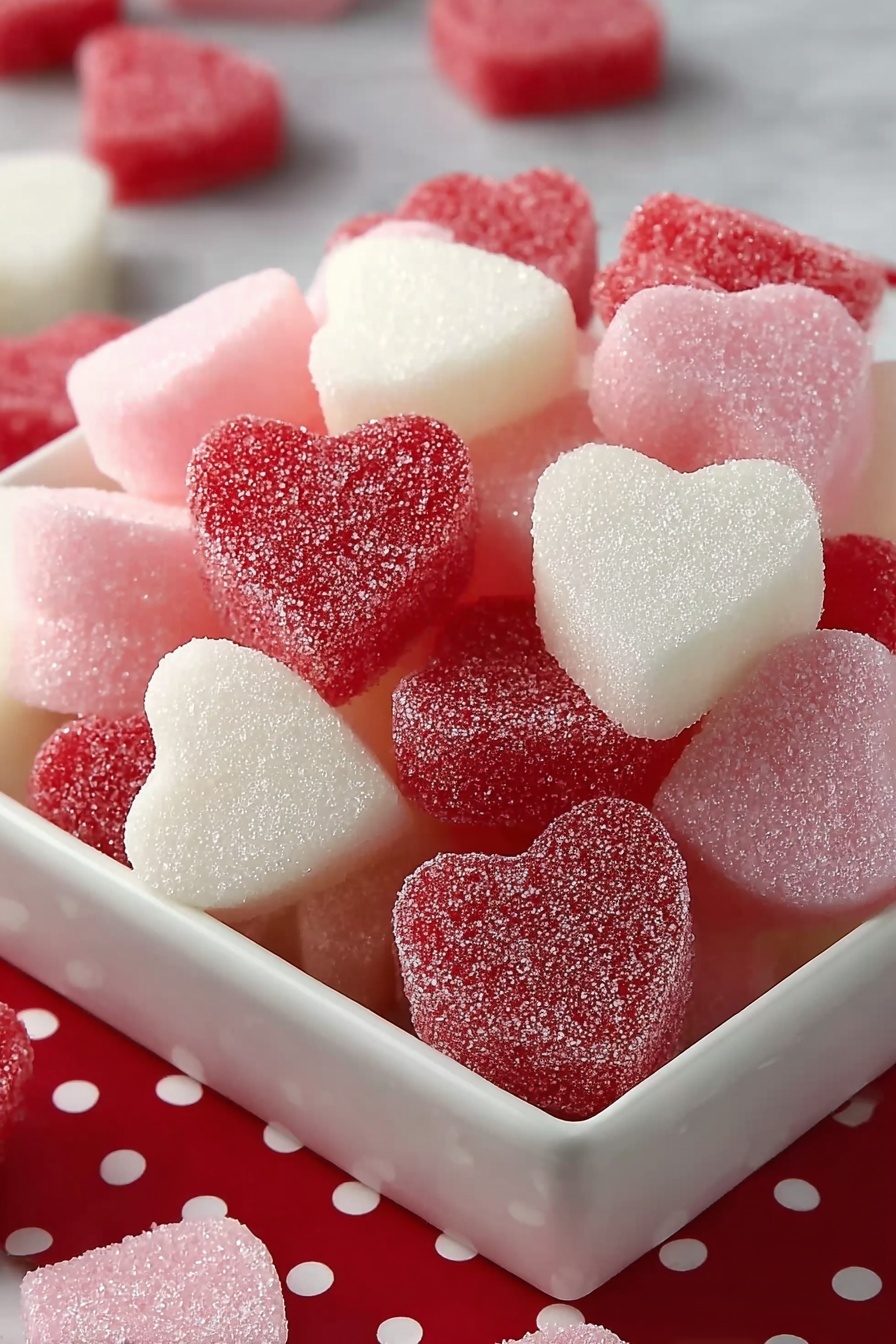 The image shows many heart-shaped candies piled together, with three colors: red, pink, and white. Each candy has a sugar-coated texture that makes it sparkle. The candies are closely packed, creating a mix of colors where red hearts are the most common, pink hearts are in the middle, and white hearts appear throughout. The surface looks smooth but covered with sugar grains, adding a slightly rough look. photo taken with an iphone --ar 2:3 --v 7 - Valentine's Cream Cheese Mints, Valentine's Candy Recipes, Easy Cream Cheese Mints, Homemade Valentine Treats, Heart-Shaped Mint Candies
