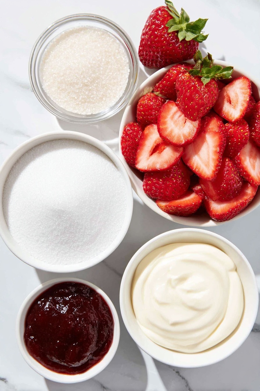 Flat lay of fresh whole strawberries, a small bowl of granulated sugar, a small white bowl of cold heavy cream, a small white bowl with smooth strawberry puree, fresh sliced strawberries arranged neatly, all placed on a clean white marble surface, soft natural light, photo taken with an iPhone, professional food photography style, fresh ingredients, white ceramic bowls, no bottles, no duplicates, no utensils, no packaging --ar 2:3 --v 7 --p m7354615311229779997 - Fresh Strawberry Mousse, strawberry mousse recipe, easy strawberry dessert, summer fruit mousse, light fruity dessert