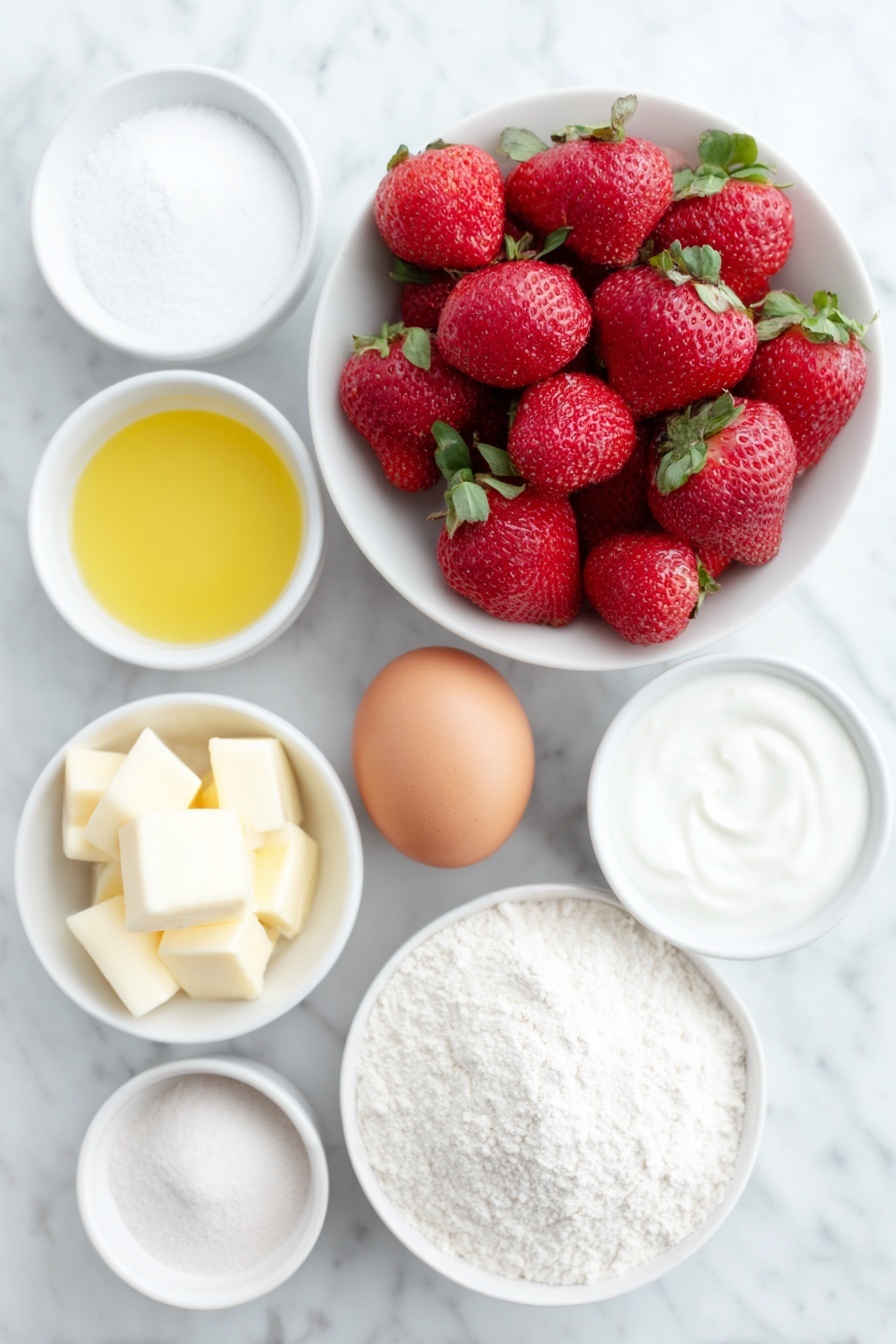 Flat lay of fresh whole strawberries with green caps removed and chopped in a small white ceramic bowl, a small white bowl of granulated sugar, a small white bowl of fresh lemon juice, a small white bowl of all-purpose plain flour, a small white bowl of melted vegan butter, a small white bowl of ground cinnamon, a small white bowl of dairy-free yogurt, a small white bowl of dairy-free milk, a small white bowl of neutral flavored oil, a small white bowl of apple cider vinegar, a small white bowl of vanilla extract, and an uncracked whole brown egg placed on a clean white marble surface, soft natural light, photo taken with an iPhone, professional food photography style, fresh ingredients, white ceramic bowls, no bottles, no duplicates, no utensils, no packaging --ar 2:3 --v 7 --p m7354615311229779997 - Vegan Strawberry Crumb Cake, vegan strawberry dessert, plant-based strawberry cake, easy vegan fruit cake, dairy-free strawberry crumb coffee cake