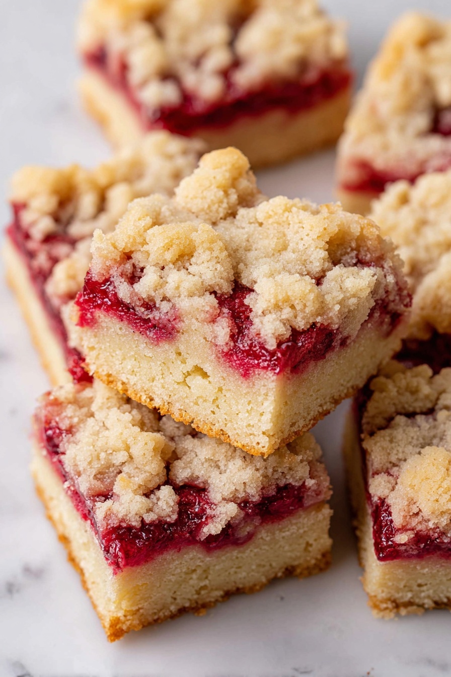 A close-up image of a single square piece of crumb cake with two visible layers: the bottom layer is light golden, soft, and moist cake, and the top layer is a thick, bright red strawberry filling covered by a crumbly golden brown streusel. The cake piece sits on a white plate with some crumbs and a small smear of red strawberry. In the background, more pieces of the same cake are softly blurred. The surface under the plate is a white marbled texture. Photo taken with an iphone --ar 2:3 --v 7 - Vegan Strawberry Crumb Cake, vegan strawberry dessert, plant-based strawberry cake, easy vegan fruit cake, dairy-free strawberry crumb coffee cake