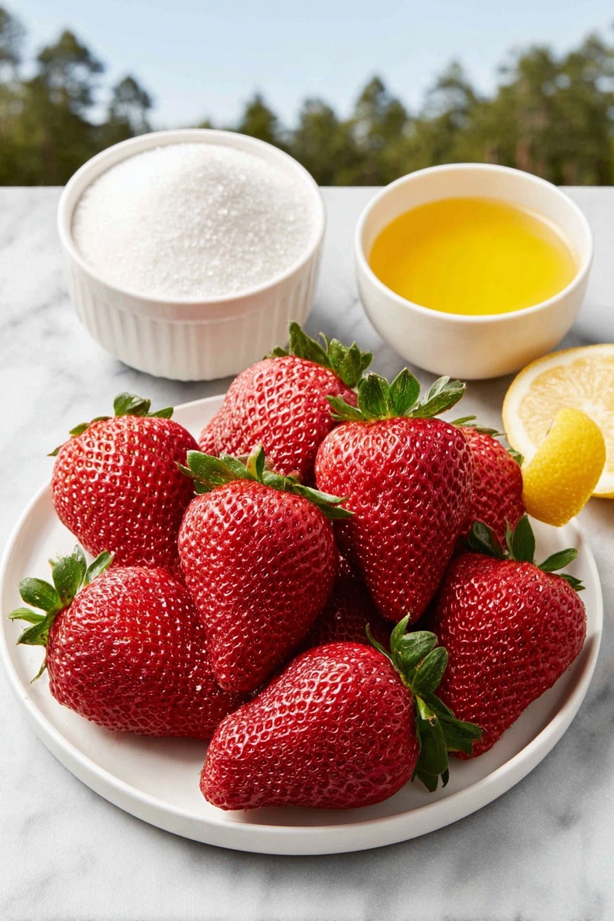 Flat lay of fresh whole strawberries with green leafy tops, a small white ceramic bowl filled with granulated white sugar, a small white ceramic bowl containing bright yellow lemon juice, and a single lemon zest curl placed beside a tiny pinch of coarse sea salt on the white ceramic plate, all arranged symmetrically in a balanced layout, placed on a clean white marble surface, soft natural light, photo taken with an iPhone, professional food photography style, fresh ingredients, white ceramic bowls, no bottles, no duplicates, no utensils, no packaging --ar 2:3 --v 7 --p m7354615311229779997 - Healthy Strawberry Sorbet, strawberry sorbet healthy, easy fruit sorbet, natural summer dessert, guilt-free strawberry frozen treat