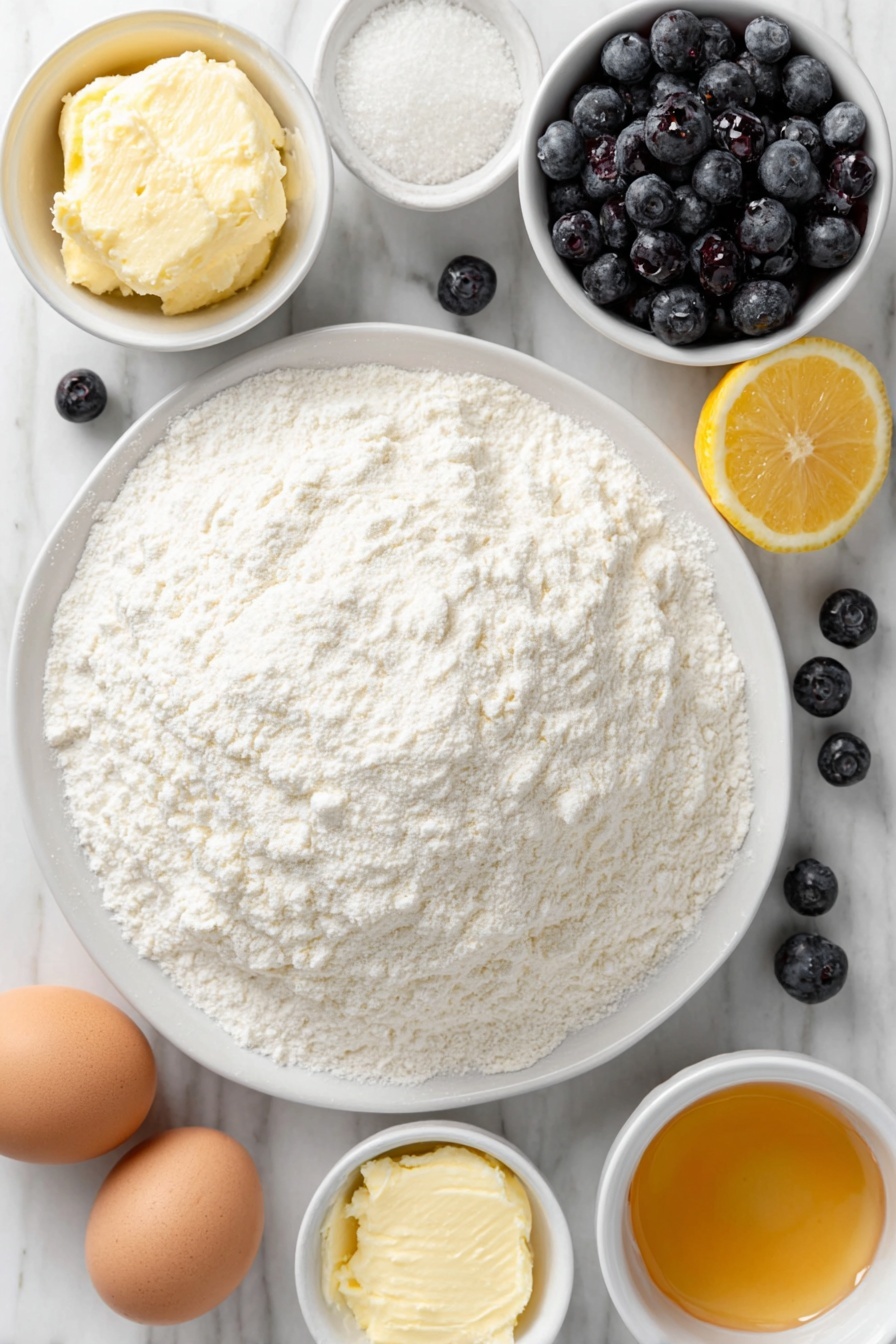 Flat lay of a small white ceramic bowl of active sourdough starter with a milky texture, a large simple white ceramic bowl filled with water, a mound of fresh white bread flour on a white ceramic plate, a small white ceramic bowl holding fine salt crystals, a handful of plump fresh blueberries scattered on a white ceramic dish, a whole bright yellow lemon with a small heap of freshly grated lemon zest on a white ceramic plate, a small white ceramic bowl of room temperature pale yellow butter, a small white ceramic bowl of mashed fresh blueberries, and a small white ceramic bowl of golden honey, and two whole uncracked brown eggs, all arranged symmetrically and proportionately, placed on a clean white marble surface, soft natural light, photo taken with an iPhone, professional food photography style, fresh ingredients, white ceramic bowls, no bottles, no duplicates, no utensils, no packaging --ar 2:3 --v 7 --p m7354615311229779997 - Blueberry Lemon Sourdough Bread, Lemon Sourdough Bread, Blueberry Sourdough Loaf, Fruit-Infused Sourdough Bread, How to Make Blueberry Lemon Bread
