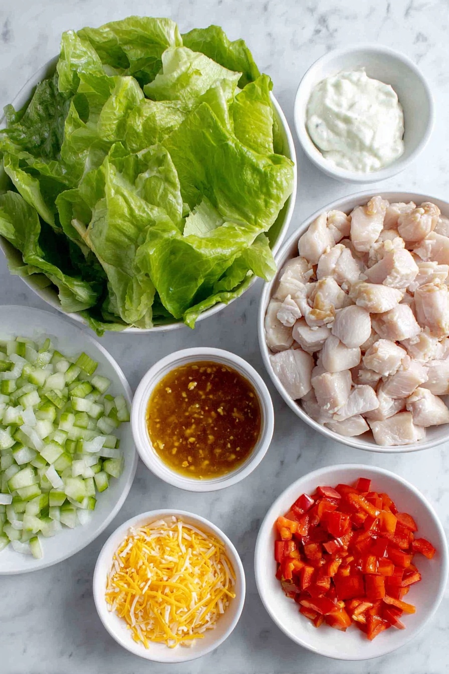 Flat lay of diced cooked chicken breast, small white bowl of golden honey garlic sauce, small white bowl of bright red buffalo wing sauce, two heads of fresh chopped romaine lettuce, small white bowl of creamy ranch dressing, half medium diced red onion, large diced red bell pepper, half large diced cucumber, small pile of shredded cheddar cheese, all arranged with perfect symmetry and realistic proportions on simple white ceramic plates and bowls, placed on a clean white marble surface, soft natural light, photo taken with an iPhone, professional food photography style, fresh ingredients, white ceramic bowls, no bottles, no duplicates, no utensils, no packaging --ar 2:3 --v 7 --p m7354615311229779997 - Honey Hot Chicken Salad, spicy honey chicken salad, quick chicken salad recipe, easy chicken salad, flavorful summer salad