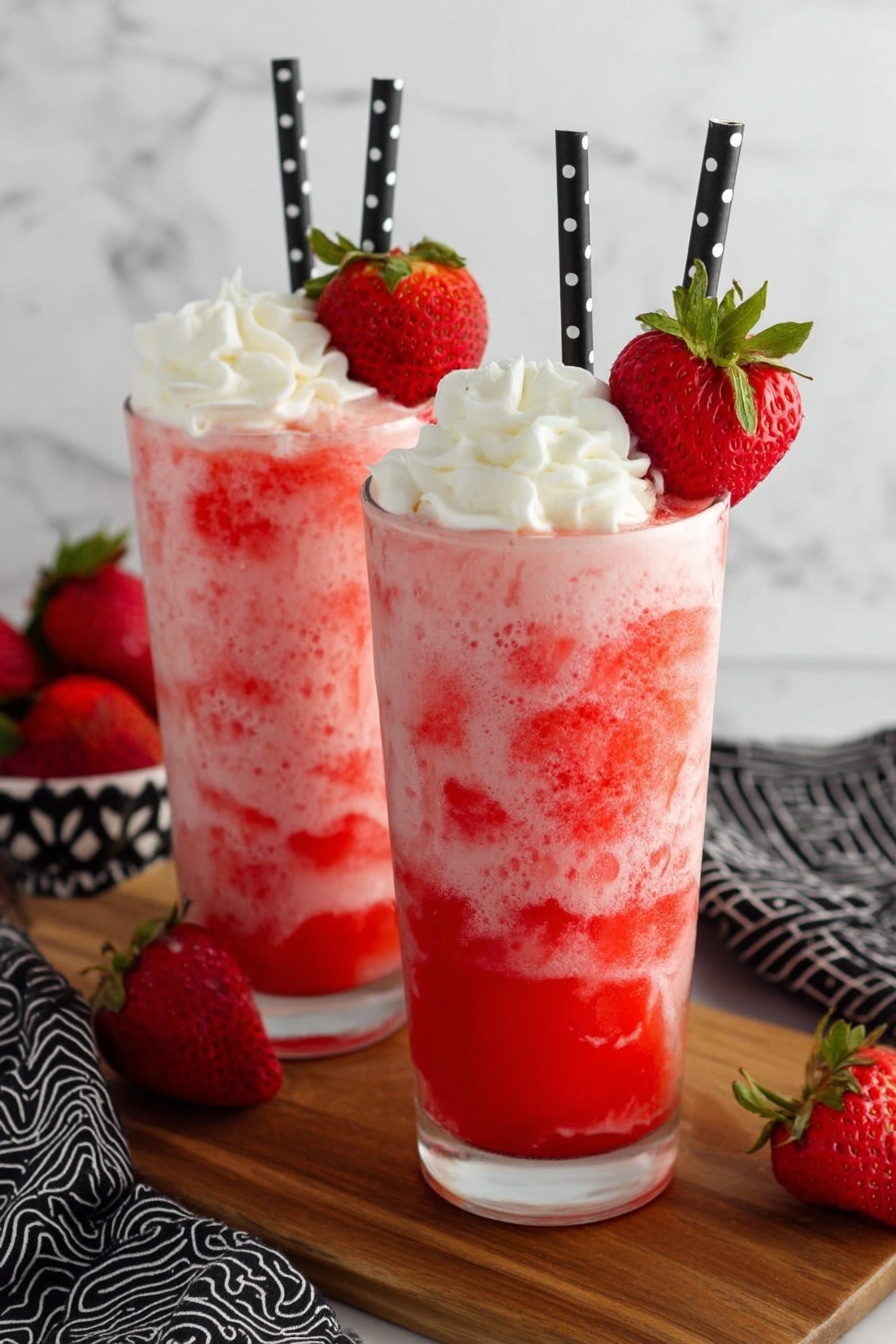 A tall clear glass filled with a pink and red mixed strawberry drink that has a slushy texture, topped with a swirl of white whipped cream on one side. A fresh strawberry half with its green leaves is placed on the rim next to a black straw with large white dots. The glass sits on a wooden board with whole strawberries around it, and the background shows a white marbled surface with a black and white checkered cloth nearby. photo taken with an iphone --ar 2:3 --v 7 - Strawberry Soda Float with Vanilla Cream, strawberry soda float, vanilla cream float, fruit soda float, easy summer dessert