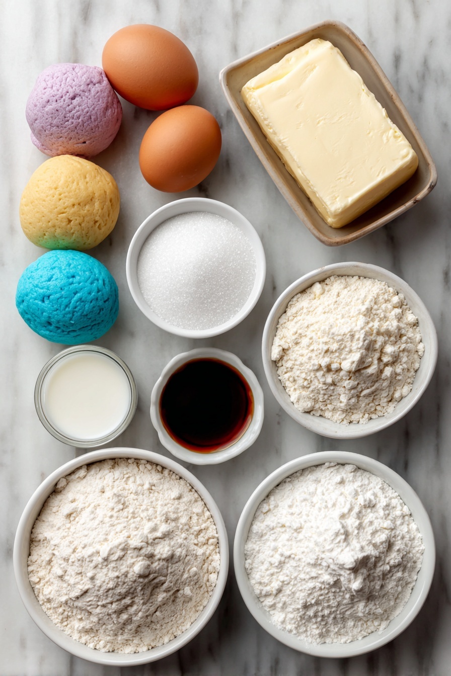 Flat lay of a few smooth balls of pastel-colored dough in soft pink, yellow, green, blue, and purple hues, a small mound of soft unsalted butter, two whole large eggs with clean shells, a small white ceramic bowl of granulated sugar, a small white ceramic bowl of all-purpose flour, a small white ceramic bowl of powdered sugar, a small white ceramic bowl of milk, and a small white ceramic bowl of vanilla extract, all arranged symmetrically on a clean white marble surface, soft natural light, photo taken with an iPhone, professional food photography style, fresh ingredients, white ceramic bowls, no bottles, no duplicates, no utensils, no packaging --ar 2:3 --v 7 --p m7354615311229779997 - Pastel Sugar Cookie Sandwiches, colorful cookie sandwiches, soft butter cookies with vanilla cream, pastel dessert recipes, fun party treats