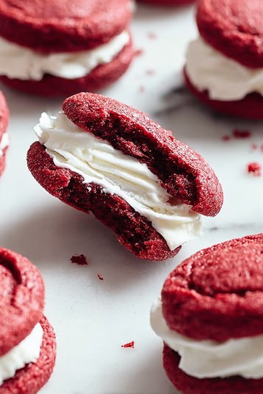 The image shows several red velvet sandwich cookies on a white marbled surface. Each cookie has two soft, round red layers that are textured and slightly crumbly. Between the two red layers, there is a thick, smooth, white cream filling. One cookie is broken in half, with the broken part resting on the white marbled surface, clearly revealing the white cream inside. The cookies are arranged in a casual, scattered way, some closer and some farther in the background. The lighting is soft and natural, highlighting the rich red color and creamy filling. Photo taken with an iphone --ar 2:3 --v 7 - Red Velvet Rose Cookies, red velvet cookies, elegant cookie recipes, rose-shaped cookies, festive dessert ideas