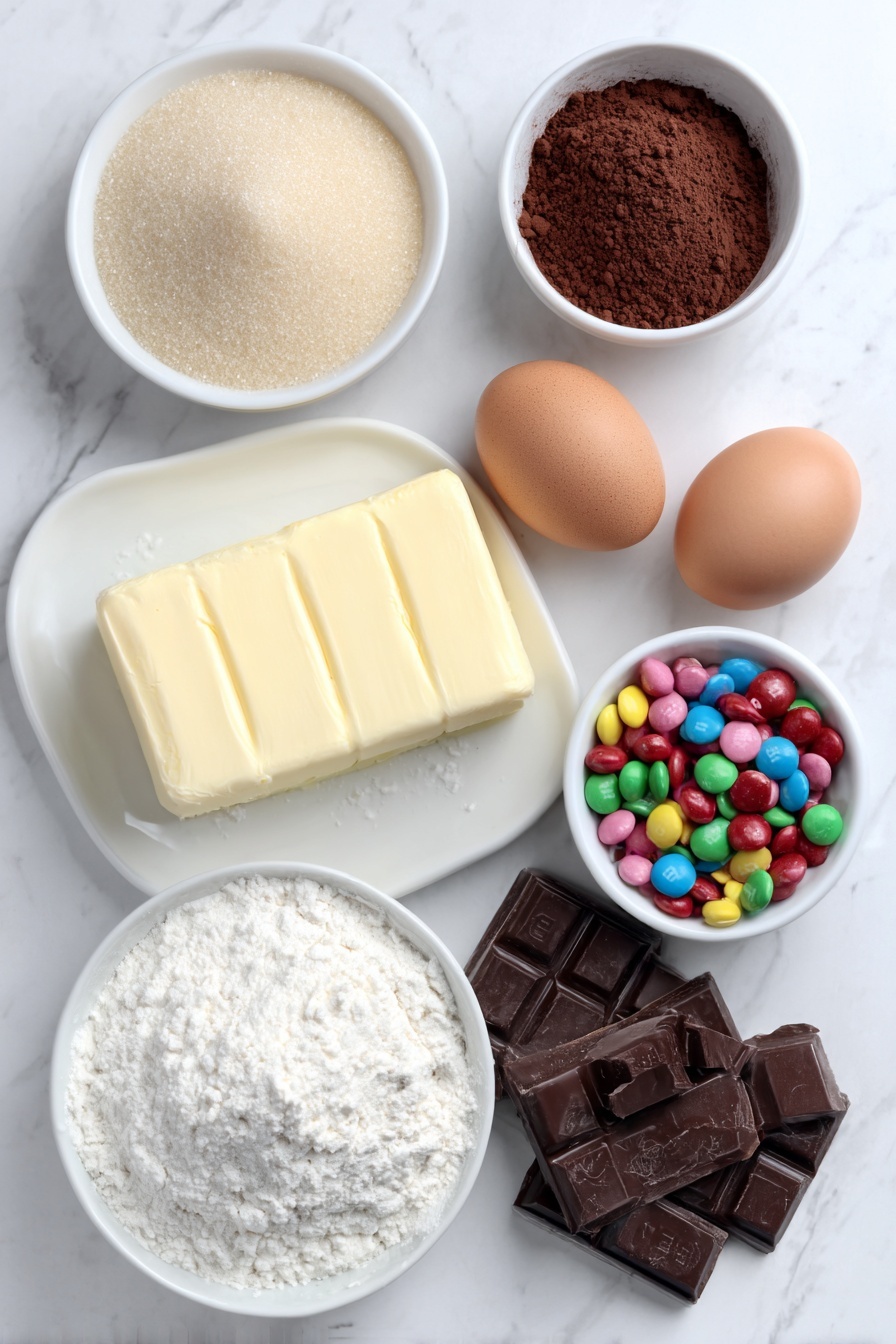 Flat lay of a small slab of unsalted butter, a few pieces of semi-sweet chopped chocolate, a small white bowl with light brown sugar, a small white bowl with granulated sugar, four whole uncracked brown eggs, a small mound of Dutch process cocoa powder, a small white bowl with vanilla extract, a small pile of all-purpose flour, a small handful of colorful M&M chocolate candies, a pinch of salt crystals placed near the cocoa powder, all arranged symmetrically on simple white ceramic dishes and bowls, placed on a clean white marble surface, soft natural light, photo taken with an iPhone, professional food photography style, fresh ingredients, white ceramic bowls, no bottles, no duplicates, no utensils, no packaging --ar 2:3 --v 7 --p m7354615311229779997 - M&M Brownies, chocolate candy brownies, fudgy brownies with M&Ms, homemade M&M brownies, colorful brownie treat