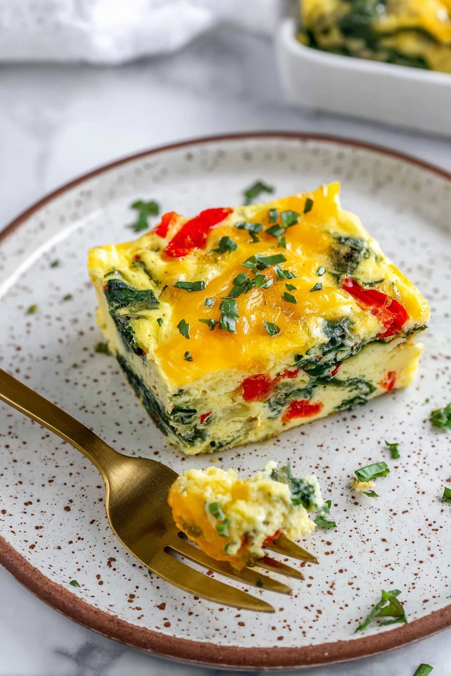 The image shows a square piece of baked egg dish with three visible layers. The bottom layer is light yellow and soft, the middle layer has green spinach leaves and red bell pepper pieces, and the top layer is covered with melted yellow cheese sprinkled with chopped green herbs. The piece sits on a round white plate with brown speckles. There are some green herb pieces scattered around on the plate. A golden fork with a small bite of the dish rests on the plate near the piece. The background is a white marbled texture. photo taken with an iphone --ar 2:3 --v 7 - High-Protein Cottage Cheese Egg Bake, healthy breakfast casserole, protein-packed baked eggs, easy egg bake recipe, nutritious breakfast idea