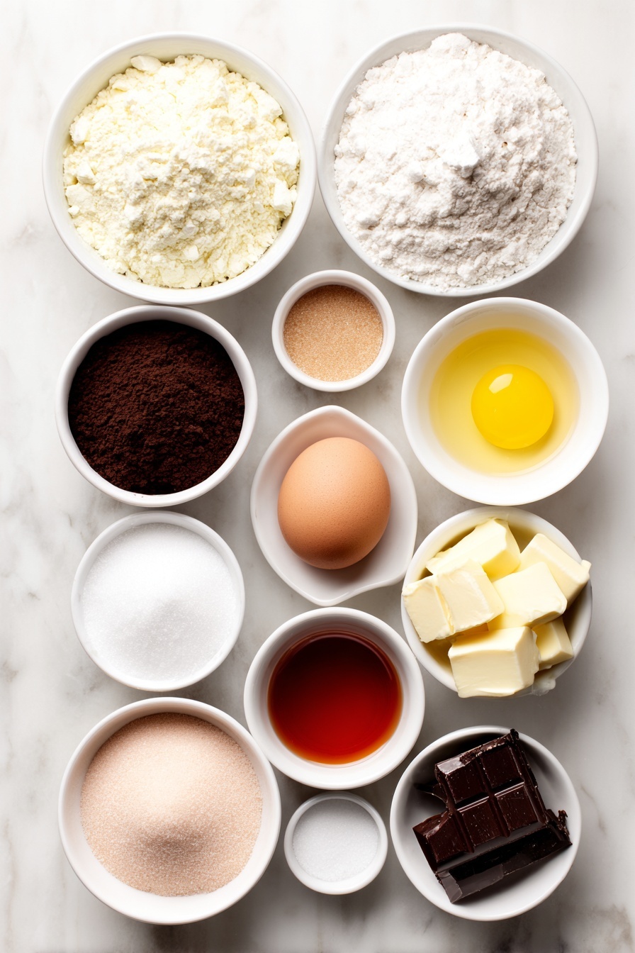 Flat lay of a small mound of all-purpose flour, a small white ceramic bowl of sifted cocoa powder, a small white ceramic bowl with baking soda, a small white ceramic bowl with baking powder, a small white ceramic bowl filled with salt, a small white ceramic bowl holding melted unsalted butter, a small white ceramic bowl with granulated sugar, a small white ceramic bowl with packed light brown sugar, a small white ceramic bowl with vanilla extract, a small white ceramic bowl with white vinegar, one whole brown egg with a clean shell, a small white ceramic bowl containing bright red food coloring liquid, a small white ceramic bowl with melted milk chocolate, a small white ceramic bowl with melted white chocolate, a small white ceramic bowl holding pink/red oil-based food coloring, all arranged symmetrically and proportionally on a clean white marble surface, soft natural light, photo taken with an iPhone, professional food photography style, fresh ingredients, white ceramic bowls, no bottles, no duplicates, no utensils, no packaging --ar 2:3 --v 7 --p m7354615311229779997 - Red Velvet Bear Cookies, adorable red velvet cookies, bear-shaped cookie recipe, cute holiday cookie ideas, easy bear cookies
