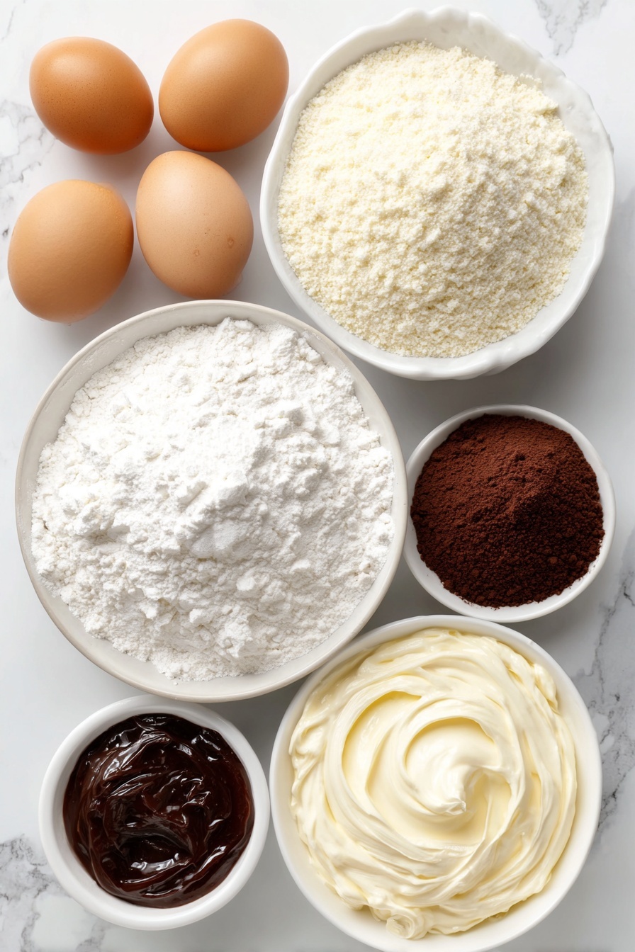 Flat lay of a small mound of fine powdered sugar, a small heap of almond flour, a small pile of dark cocoa powder, a few whole uncracked brown eggs with clean shells, a small white bowl filled with granulated sugar, a small white bowl with thick heavy cream, a small white bowl with creamy mascarpone cheese, and a tiny pile of rich red food gel, all arranged symmetrically on a clean white ceramic surface, placed on a clean white marble surface, soft natural light, photo taken with an iPhone, professional food photography style, fresh ingredients, white ceramic bowls, no bottles, no duplicates, no utensils, no packaging --ar 2:3 --v 7 --p m7354615311229779997 - Red Velvet Macarons with Mascarpone Frosting, Valentine’s Day macrons, elegant dessert recipes, decadent cookie treats, how to make red velvet macarons
