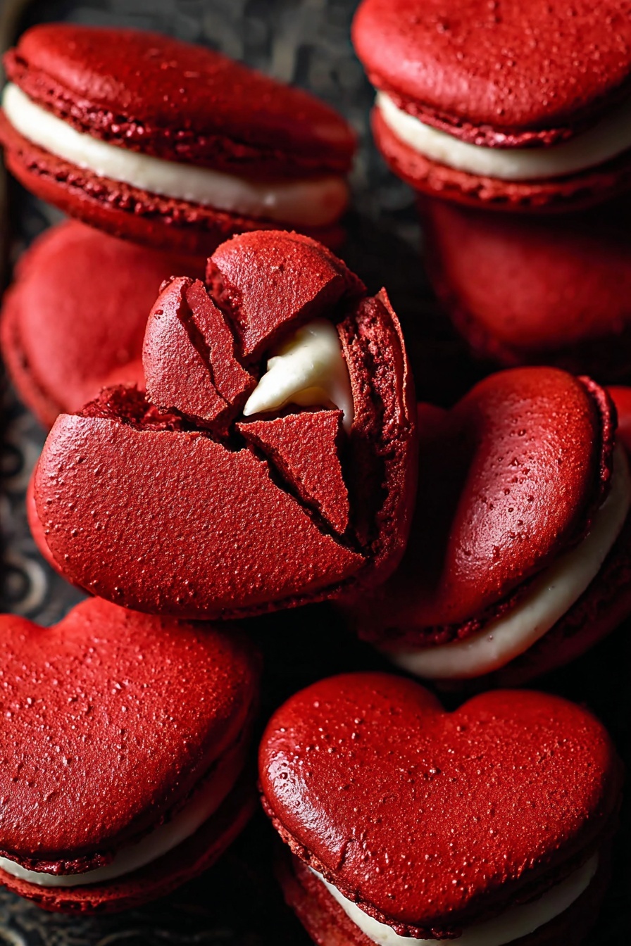 The image shows a group of heart-shaped red macarons stacked closely together. Each macaron has two smooth, slightly textured red shells with a layer of white cream filling in the middle. One macaron on top is cracked, showing delicate broken edges and the white cream inside. The macarons sit on a dark, patterned surface, creating strong contrast with their bright red color. The whole scene is focused closely on the macarons, showing details of their round but heart-shaped edges and creamy inside. photo taken with an iphone --ar 2:3 --v 7 - Red Velvet Macarons with Mascarpone Frosting, Valentine’s Day macrons, elegant dessert recipes, decadent cookie treats, how to make red velvet macarons