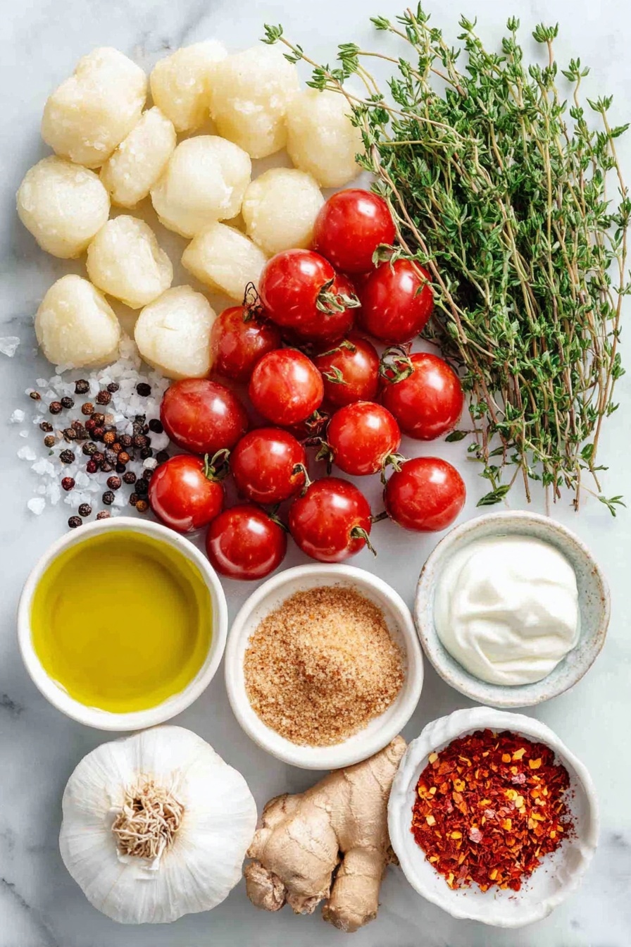 Flat lay of fresh red grape and cherry tomatoes with stems removed, two medium shallots thinly sliced, ten whole uncracked garlic cloves, a small pile of coarse sea salt crystals, cracked black peppercorns, a small heap of smoked paprika powder, a small heap of cayenne pepper powder, a piece of fresh ginger root with grated ginger next to it, a small mound of light brown coconut sugar, four sprigs of fresh green thyme with stems removed, a small white ceramic bowl of golden extra virgin olive oil, a portion of fresh potato gnocchi, a whole uncut small lemon beside a small white bowl of fresh lemon juice, a small bunch of loosely packed fresh green basil leaves, a small white bowl of creamy full-fat coconut cream, and a pinch of red chili flakes scattered artistically, all arranged symmetrically and balanced on a clean white marble surface, soft natural light, photo taken with an iPhone, professional food photography style, fresh ingredients, white ceramic bowls, no bottles, no duplicates, no utensils, no packaging --ar 2:3 --v 7 --p m7354615311229779997 - Creamy Roasted Tomato Gnocchi, vegan gnocchi with roasted tomato sauce, easy vegan gnocchi recipe, dairy-free tomato gnocchi, comforting vegan pasta dish