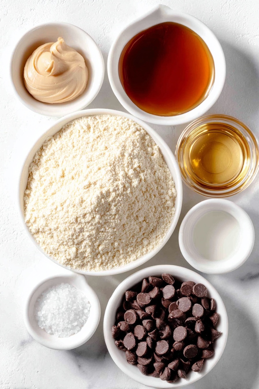 Flat lay of a small mound of pale almond flour, a smooth dollop of light tan cashew butter, a small white bowl filled with amber-colored maple syrup, a small white bowl containing clear melted coconut oil, a tiny white bowl with translucent vanilla extract, a pinch of fine white sea salt scattered delicately, a handful of glossy semi-sweet chocolate chips spread naturally, and a small white bowl with flaky sea salt crystals, all arranged symmetrically on simple white ceramic dishes and bowls, placed on a clean white marble surface, soft natural light, photo taken with an iPhone, professional food photography style, fresh ingredients, white ceramic bowls, no bottles, no duplicates, no utensils, no packaging --ar 2:3 --v 7 --p m7354615311229779997 - Healthy Cookie Dough Bark, healthy cookie dough treats, guilt-free cookie dough snack, wholesome dessert ideas, no-bake healthy sweets