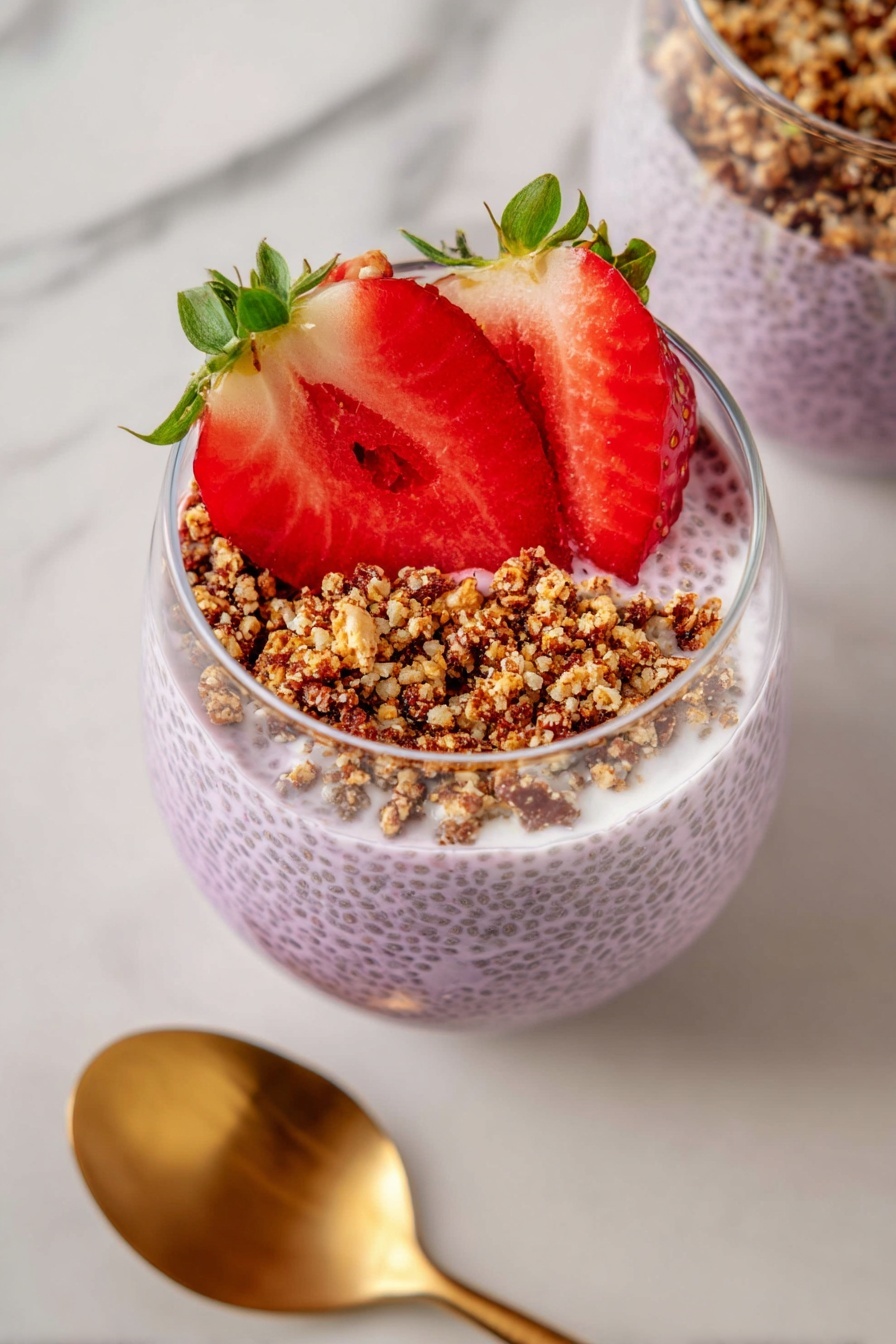 The image shows a clear glass filled with two main layers: the bottom layer is light purple chia pudding with visible chia seeds, and the top layer is a topping divided into two parts. On one side, there are small, light brown nut crumbles with a coarse texture, and on the other side, there is a half strawberry that is sliced thinly, fanned out, and placed with its green leafy top visible. The glass is placed on a white marbled surface, next to a shiny golden spoon that is slightly blurred in the background. Photo taken with an iphone --ar 2:3 --v 7 - Strawberry Chia Pudding with Almond Crumble, healthy breakfast recipes, vegan dessert ideas, fruit chia pudding, easy no-bake dessert