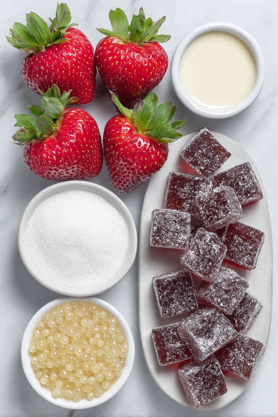 Flat lay of fresh whole strawberries with bright green leaves, a small white ceramic bowl of creamy coconut milk, a small white ceramic bowl of granulated white sugar, a small white ceramic bowl filled with translucent small tapioca pearls, a small white ceramic dish holding glossy, semi-transparent coconut jellies cut into cubes, all arranged symmetrically and proportionally placed on a clean white marble surface, soft natural light, photo taken with an iPhone, professional food photography style, fresh ingredients, white ceramic bowls, no bottles, no duplicates, no utensils, no packaging --ar 2:3 --v 7 --p m7354615311229779997 - Strawberry Coconut Sago Pudding, tropical dessert with tapioca pearls, healthy fruit dessert, easy coconut pudding recipe, refreshing summer dessert