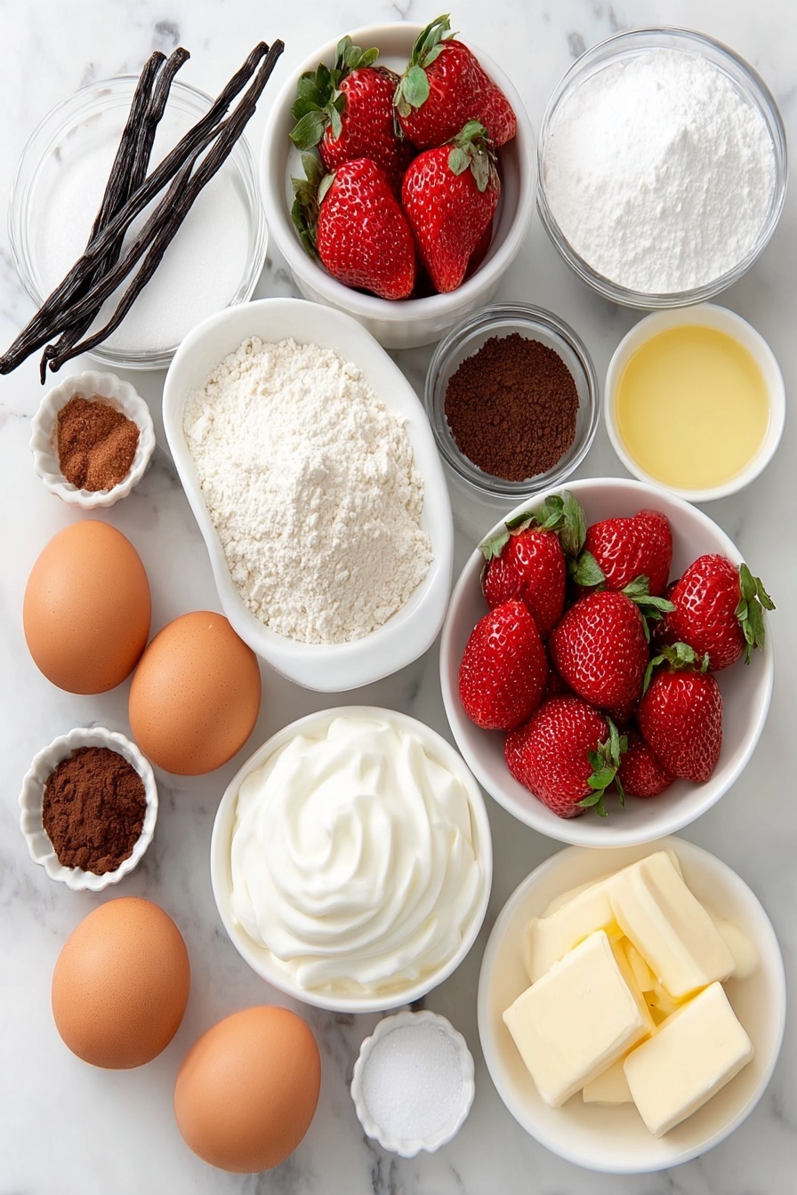 Flat lay of a small mound of all-purpose flour, two large brown eggs with uncracked shells, a small white bowl of white granulated sugar, a small white bowl of sour cream, a small white bowl of melted unsalted butter, a few fresh vanilla beans pods, a small white bowl of milk, a quarter teaspoon pile of nutmeg powder, a small white bowl of baking powder, a small white bowl of baking soda, a pinch of salt crystals, fresh washed strawberries quartered, a small white bowl overflowing with powdered sugar, and a small white bowl containing a small amount of milk, all arranged with perfect symmetry and realistic proportions in simple white ceramic bowls and plates placed on a clean white marble surface, soft natural light, photo taken with an iPhone, professional food photography style, fresh ingredients, white ceramic bowls, no bottles, no duplicates, no utensils, no packaging --ar 2:3 --v 7 --p m7354615311229779997 - Strawberry Glazed Donuts, homemade strawberry glazed donuts, fluffy donut recipes, easy strawberry donut glaze, fresh strawberry breakfast donuts