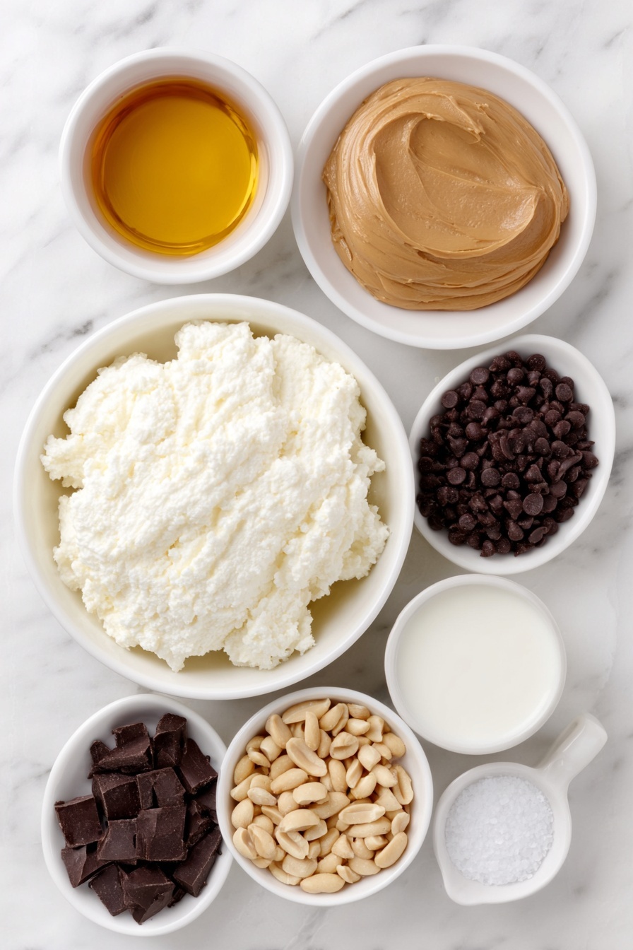 Flat lay of fresh full-fat cottage cheese scooped into a small white ceramic bowl, a smooth dollop of natural creamy peanut butter on a white plate, a small white bowl filled with golden maple syrup, a small white bowl with clear vanilla extract, a pinch of coarse salt crystals scattered neatly on the surface, a small white bowl of fresh milk, a small white bowl holding glossy dark chocolate chips, a tiny white bowl with liquid coconut oil, and a small pile of chopped raw peanuts arranged artfully around the bowls, placed on a clean white marble surface, soft natural light, photo taken with an iPhone, professional food photography style, fresh ingredients, white ceramic bowls, no bottles, no duplicates, no utensils, no packaging --ar 2:3 --v 7 --p m7354615311229779997 - Cottage Cheese Peanut Butter Mousse, healthy peanut butter mousse, protein-packed dessert, quick healthy mousse recipe, creamy cottage cheese dessert