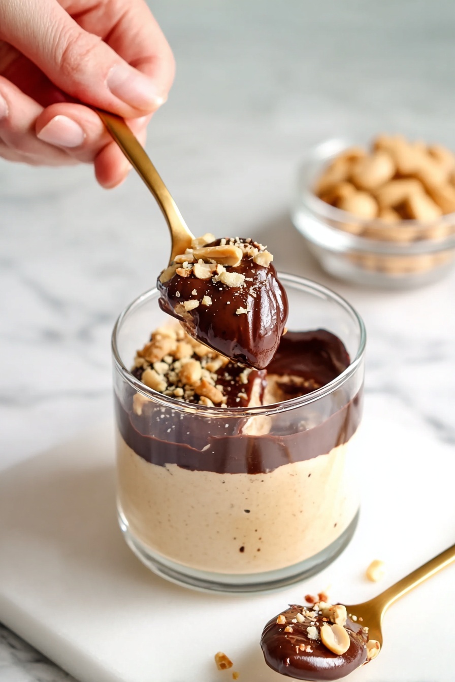 A clear glass cup filled with two layers: the bottom layer is smooth, creamy light beige with tiny specks, and the top layer is thick, dark brown chocolate sauce sprinkled with small pieces of chopped nuts. A woman's hand holds a gold spoon lifting a scoop showing both layers together, with some nuts on top. Another gold spoon with a small amount of dessert rests on a white marbled surface in front. In the background, there is a small clear bowl of peanuts. Photo taken with an iphone --ar 2:3 --v 7 - Cottage Cheese Peanut Butter Mousse, healthy peanut butter mousse, protein-packed dessert, quick healthy mousse recipe, creamy cottage cheese dessert