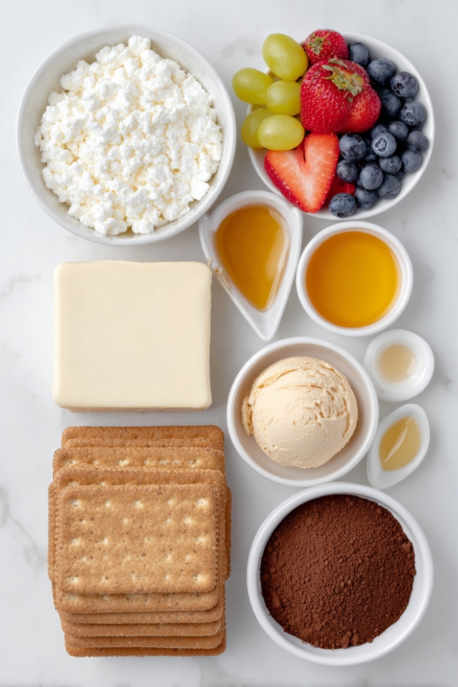 Flat lay of a small mound of creamy white cottage cheese, a smooth round block of fat-free cream cheese, a neat scoop of light beige vanilla salted caramel protein powder, a small white bowl filled with golden sugar-free maple syrup, a small white bowl with clear pale vanilla extract, six whole keto graham crackers stacked neatly, a small white bowl with melted golden butter, fresh mixed fruits including plump blueberries, sliced strawberries, and green grapes arranged artfully, a small white bowl filled with rich dark brown cocoa powder, placed on a clean white marble surface, soft natural light, photo taken with an iPhone, professional food photography style, fresh ingredients, white ceramic bowls, no bottles, no duplicates, no utensils, no packaging --ar 2:3 --v 7 --p m7354615311229779997 - High Protein Cheesecake Jars, healthy cheesecake desserts, protein-packed snacks, quick healthy desserts, guilt-free cheesecake ideas