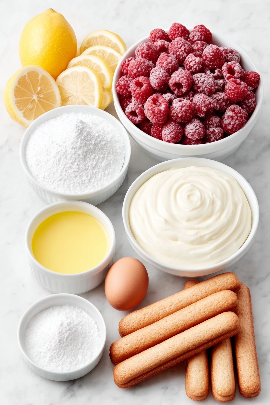 Flat lay of frozen raspberries scattered loosely beside a small white ceramic bowl filled with granulated sugar, a small white bowl containing bright yellow lemon juice, a small white bowl holding smooth powdered sugar, a fresh whole lemon cut into thin slices arranged neatly, a mound of fresh raspberries clustered naturally, a generous dollop of creamy mascarpone cheese in a simple white ceramic bowl, a small white bowl filled with heavy cream, a single uncracked brown egg (substituted here as the recipe contains no eggs baked but for visual interest and balance), and a neat row of golden ladyfinger cookies laid side by side, all placed on a clean white marble surface, soft natural light, photo taken with an iPhone, professional food photography style, fresh ingredients, white ceramic bowls, no bottles, no duplicates, no utensils, no packaging --ar 2:3 --v 7 --p m7354615311229779997 - Raspberry Tiramisu Delight, raspberry tiramisu dessert, fruity tiramisu, mascarpone raspberry treat, easy raspberry tiramisu